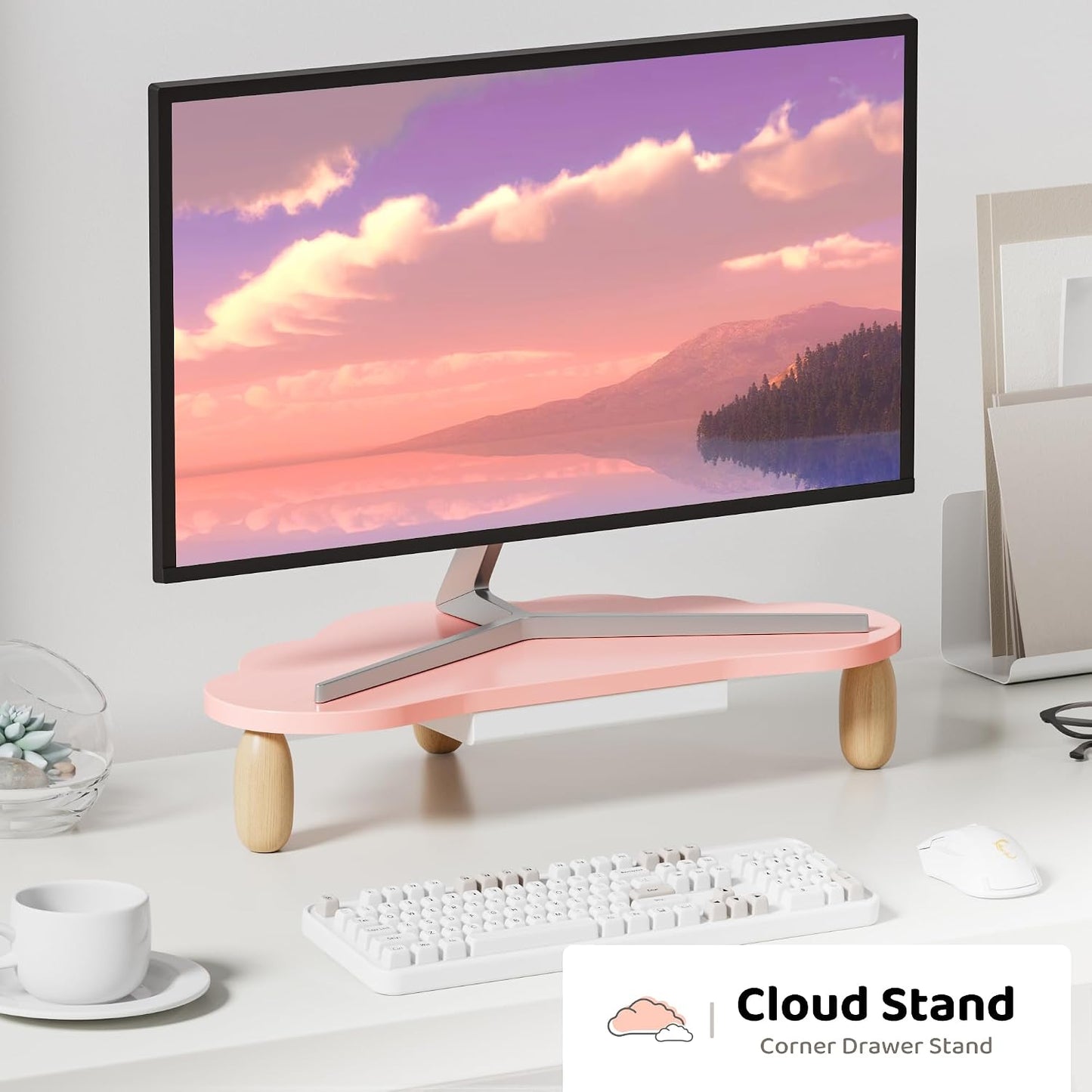 16.5In AFOOYO Monitor Stand Riser,Cloud-Shaped Sturdy Wood Computer Monitor Riser Wirh Drawer, Multi-Purpose Desktop