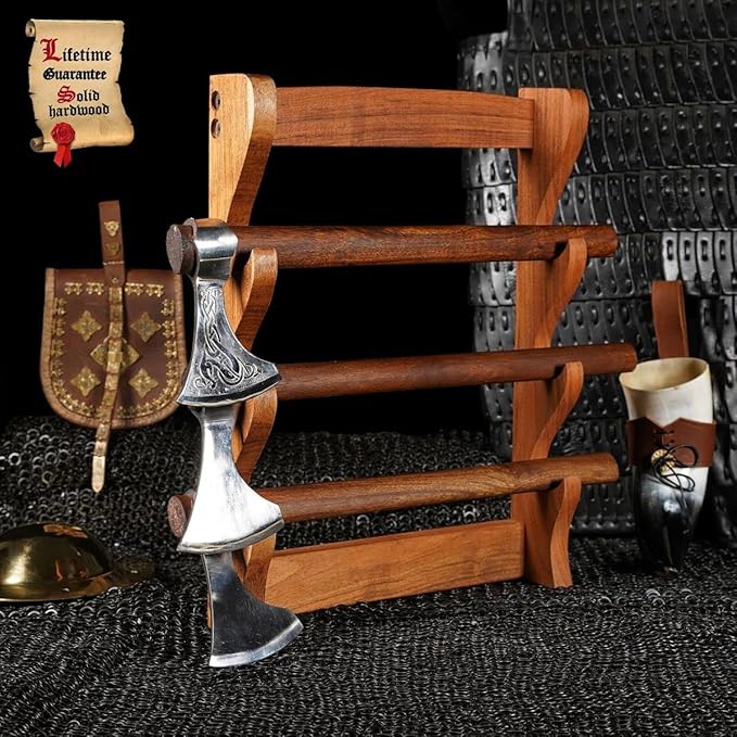 Mythrojan Solid Wood Sword Stand Medieval Sword Wall Mount Samurai Sword Display Stand Katana Sword Holder Gladiator Sword Wall Display Crusader Sword Stand Knife Stand for Display - Three Tier Stand