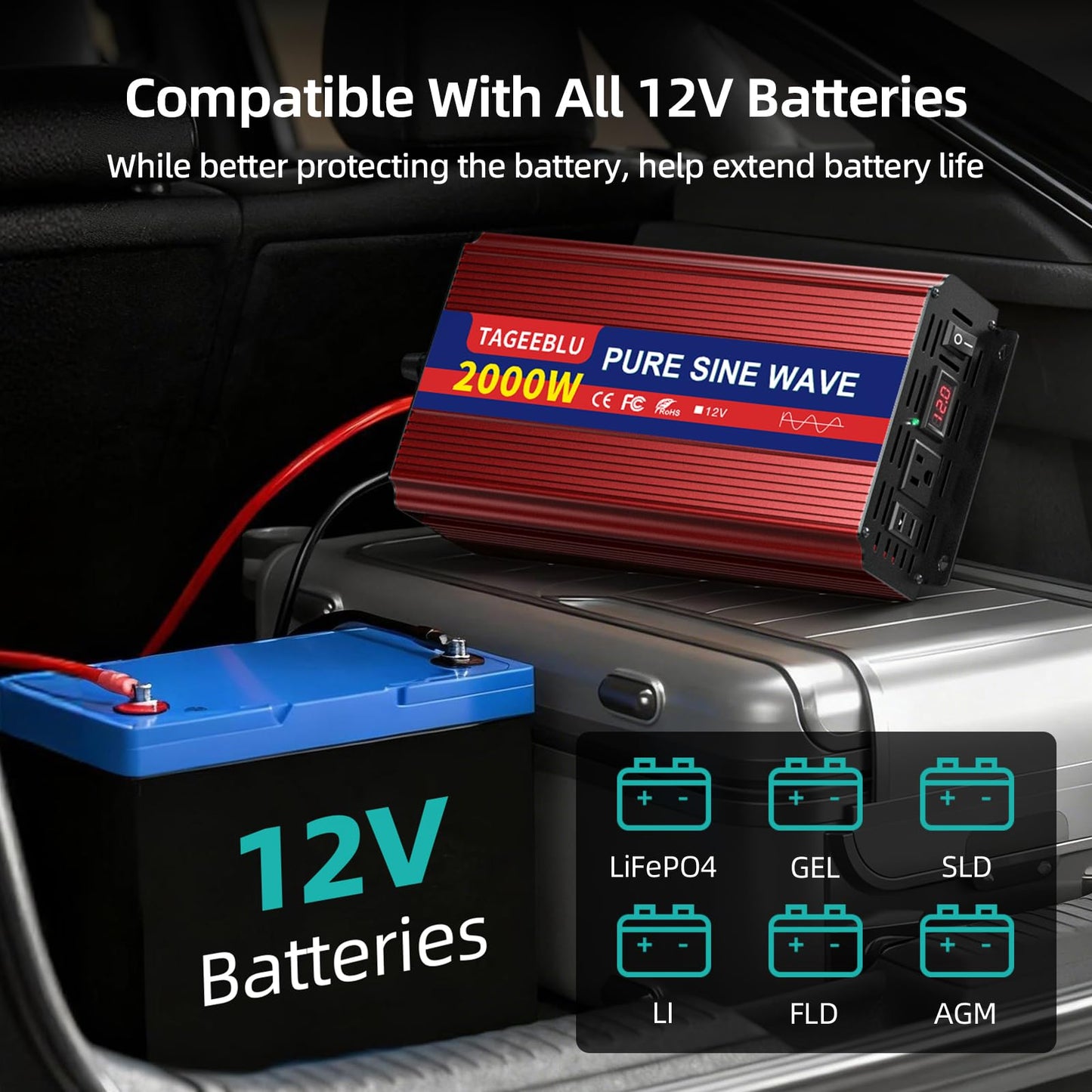 TAGEEBLU 2000W Pure Sine Wave Inverter - 4000W Surge Peak, 12V DC to 110V AC Heavy Duty Power Inverter for RV, Truck, Home, Solar, Off-Grid, Outdoor, Car Converter with Dual AC Outlets and LCD Display