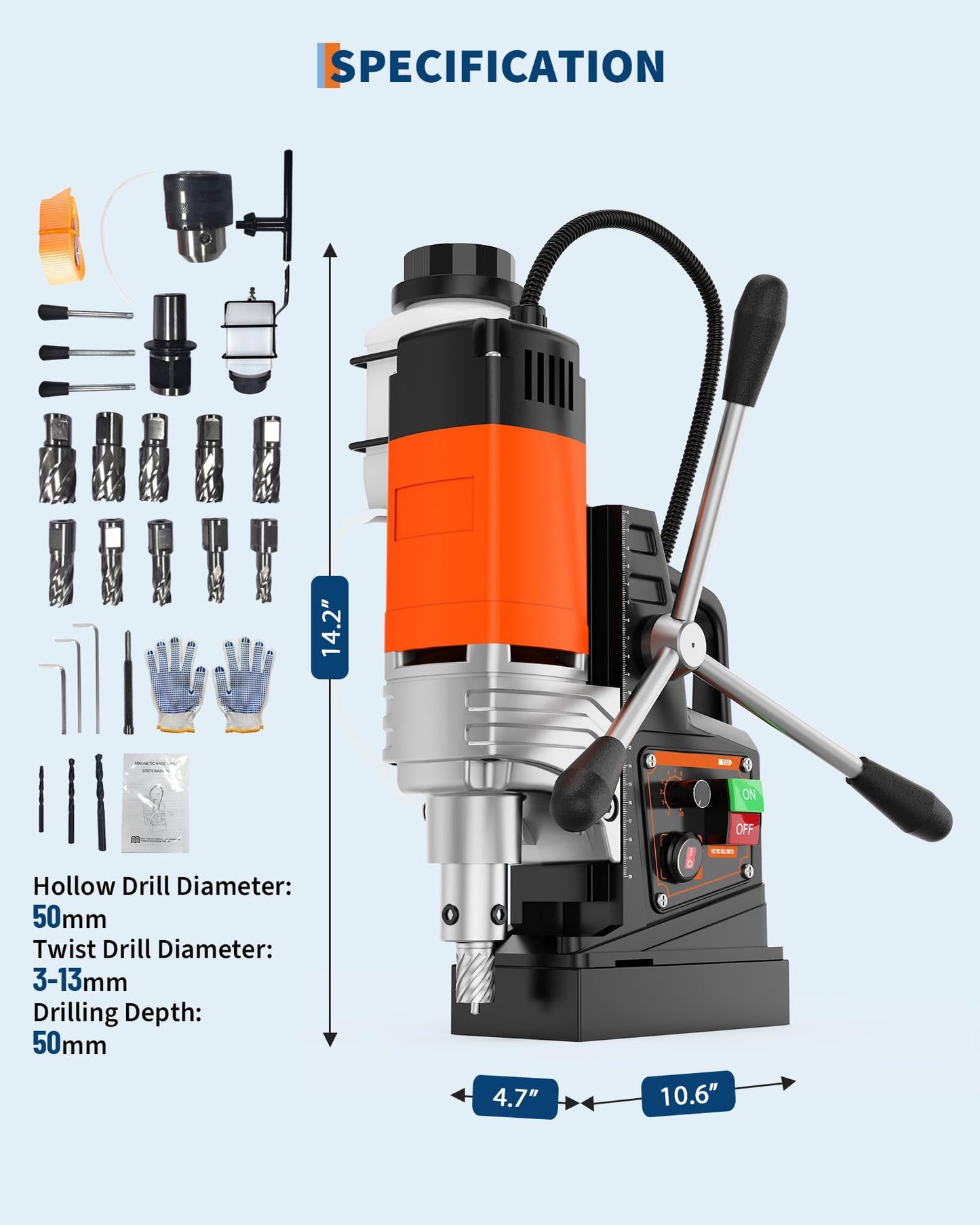 EliteEdge Magnetic Drill, 1750W 2" Boring Diameter, 2922Lbf Power Portable Magnetic, 810 PRM, 10-Speed，with 10Pcs Drill Bits 3Pcs Twist Drill and 1Pcs Plastic Box for Metal Surface, Industrial