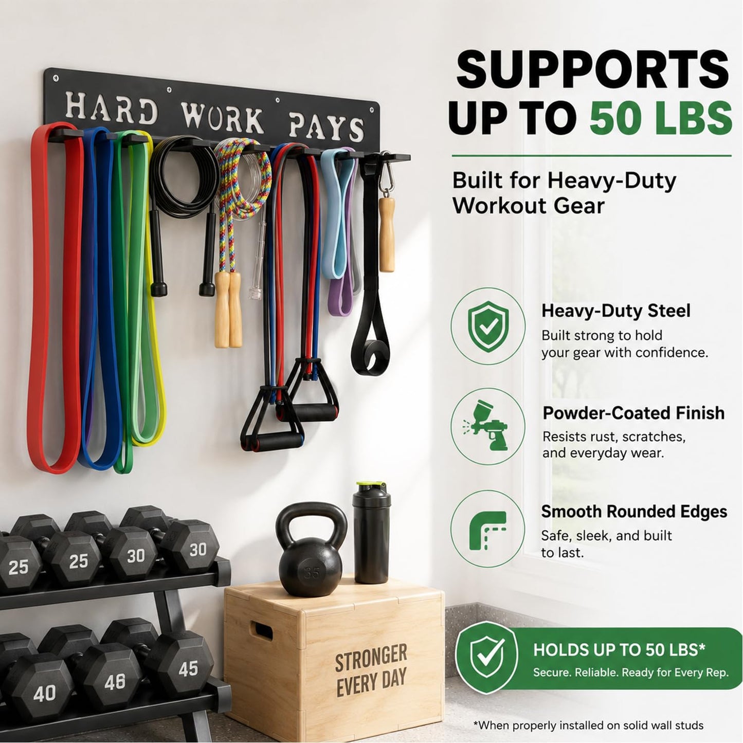 WIPHANY Home Gym Accessories Organization Storage Rack Equipment For Home 8 Hook Wall Hanger Display Gear Barbells Resistance Bands Jump Ropes Lifting Belt Hanger Accessories Hardware Included