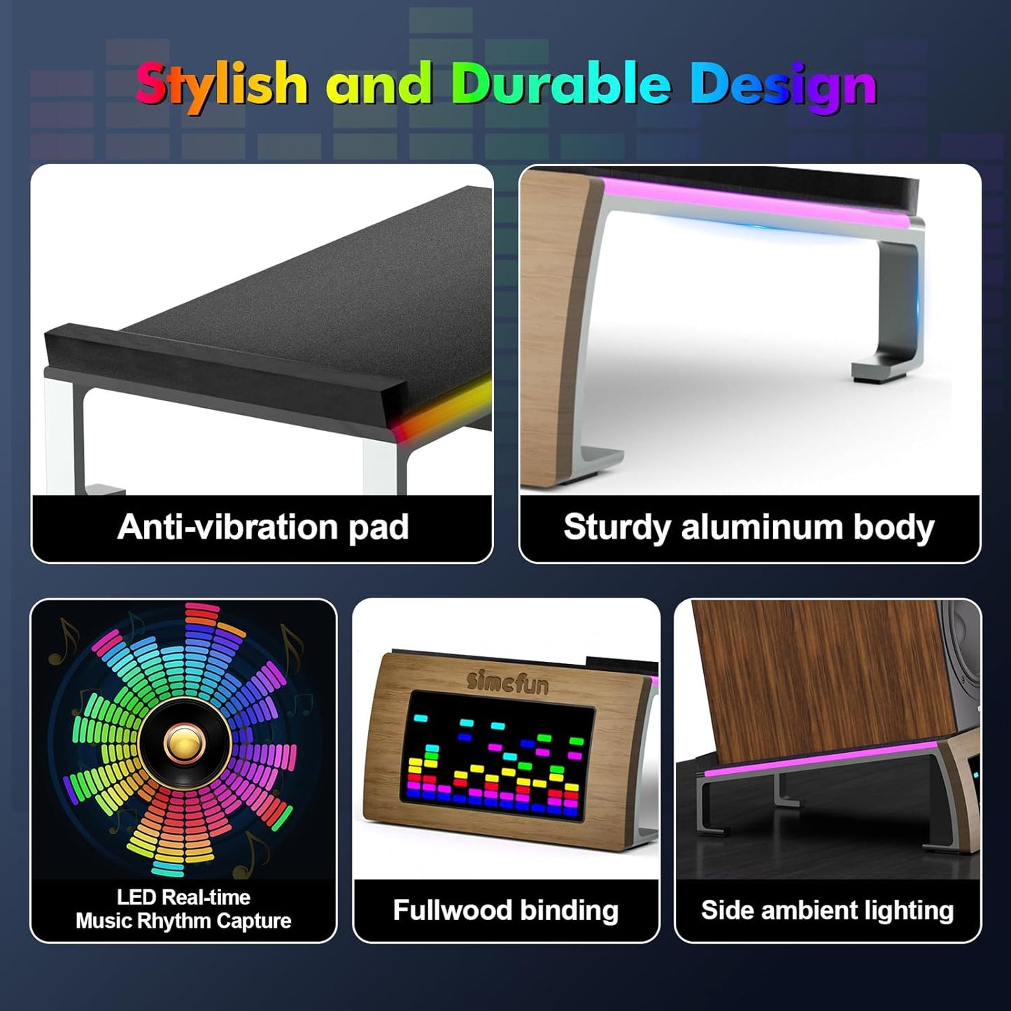 SIMCFUN Desktop RGB Tilt Speaker Stands with Dynamic LED Spectrum Analyzer-Vibration Absorption Pad-Small and Medium