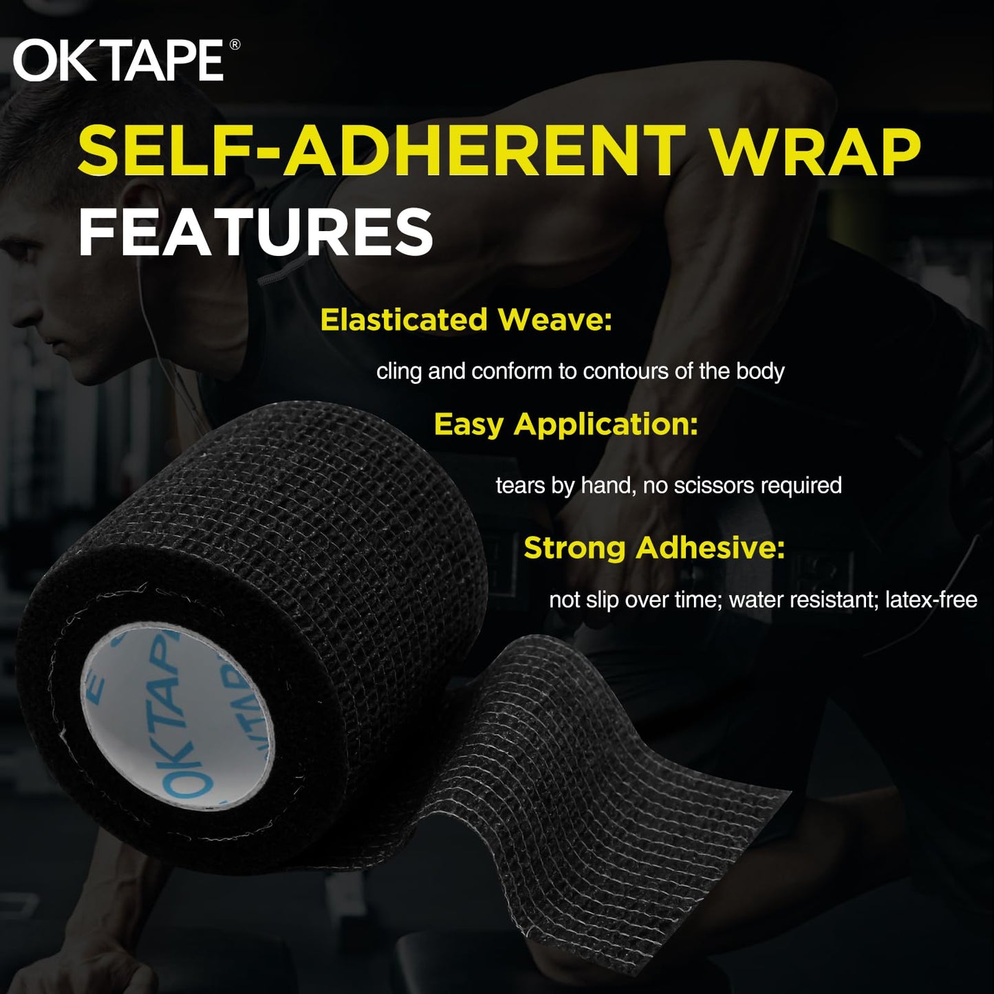 OK TAPE 12 Rolls Self Adhesive Bandage Wrap, Elastic Athletic Tape, Self Stick Bandage Tape, Vet Wrap, Medical Wrap for Wrist, Feet, 2" x 5 Yards - Black