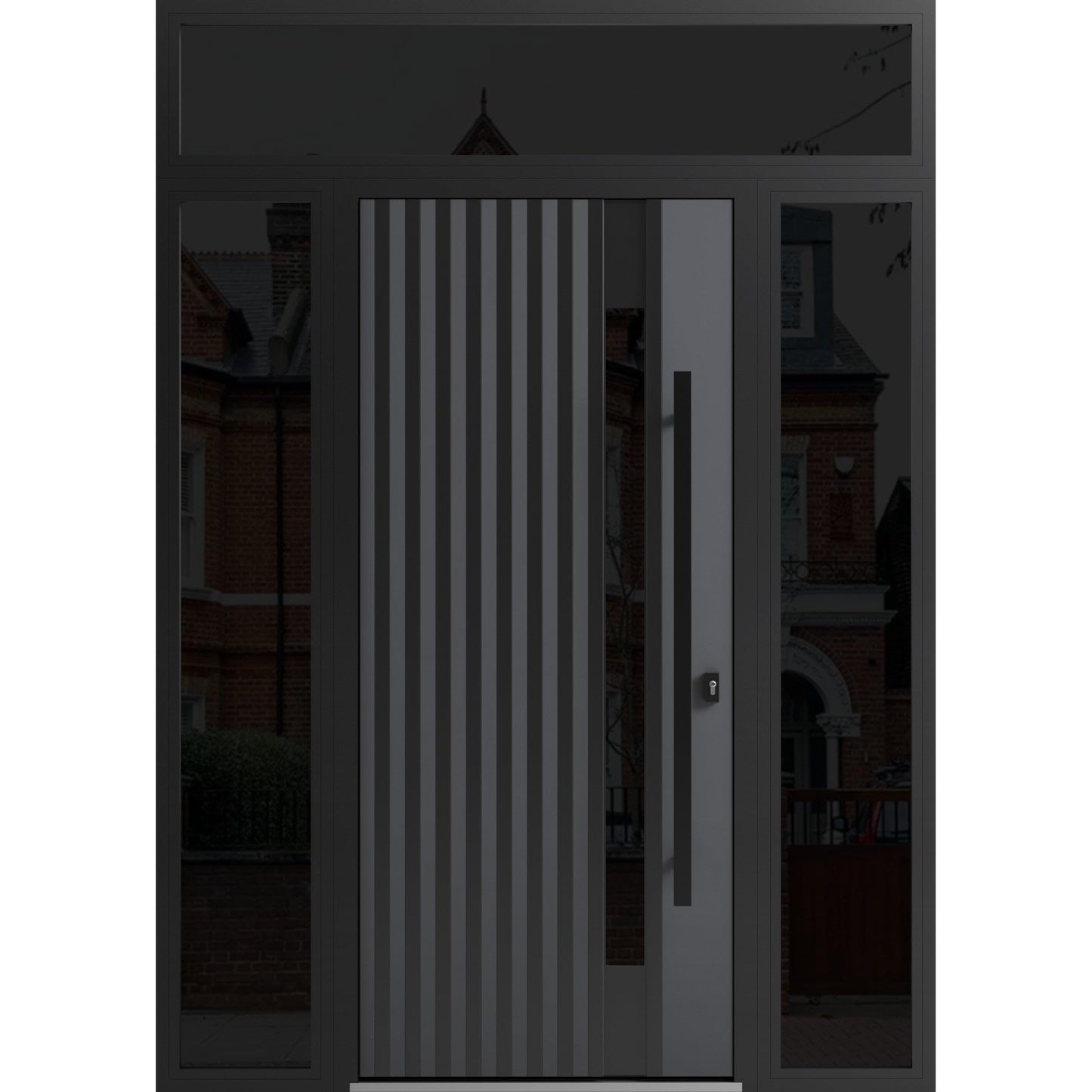 VDOMDOORS Front Exterior Prehung Steel Door/Ronex 0144 Grey / 2 Side and Top Exterior Window Sidelite/Entry Metal Modern Painted W16+36+16" x H80+16" Left Hand Inswing
