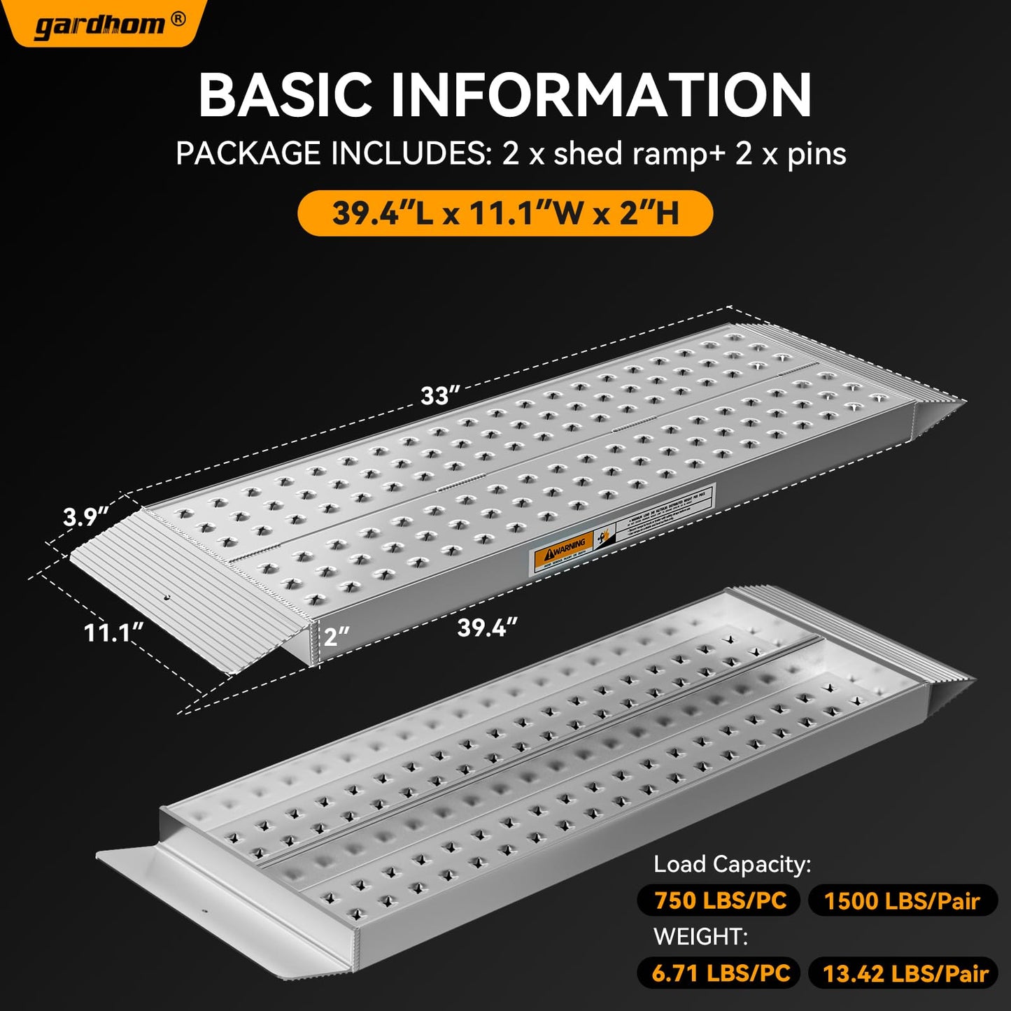 gardhom Aluminum Shed Ramps 39x11inch, 2PCS Riding Mower Ramps 1500lbs/Pair Capacity for Curb Steps Stairs Dirt Bike Motorcycle Lawn Mower Snow Blower