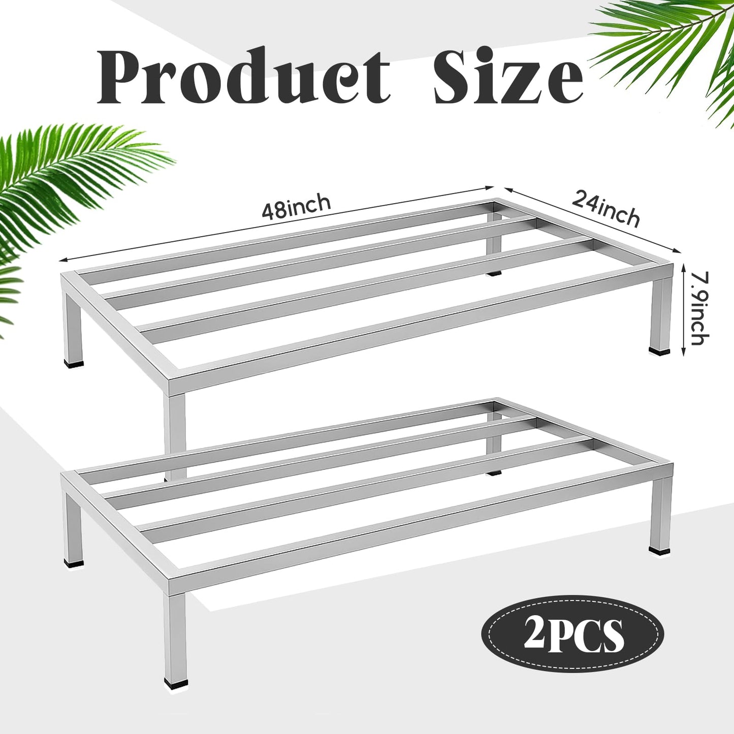 MorningRo 2 Pack Dunnage Rack 48" Long x 24" Wide, 7.9" Height Stainless Steel Shelf 3500+ Pound Capacity Commercial Food Floor Rack for Restaurants Kitchens Garages and Vehicles