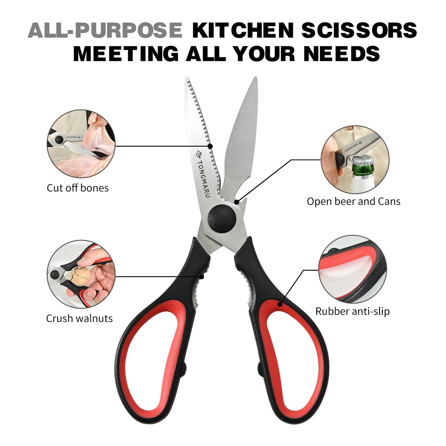Kitchen Cooking Shears Heavy Duty Kitchen Scissor with, Detachable, All Purpose Scissors, Dishwasher Safe Scissors, Serrated Blades, Nutcracker and Bottle Opener function included (2 Pack)