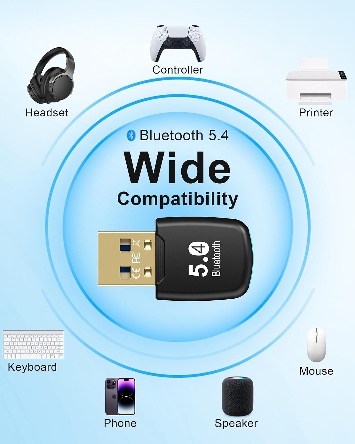 RENGOGA 5.4 20M 11/10/8.1 Bluetooth Dongle - Range USB Adapter for PC, Plug and Play, Supports Laptop Headphones
