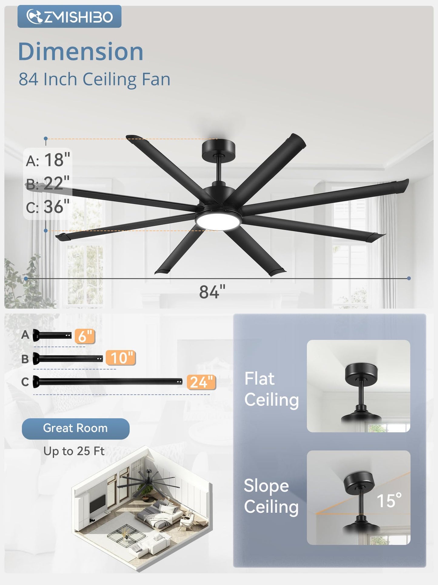 ZMISHIBO 84 Inch Ceiling Fans with Lights, Indoor/Outdoor Industrial Ceiling Fan with 8 Aluminum Reversible Blade, Quiet DC Motor, 3CCT&6-Speed Remote Control, Damp Rated for Living Room/Garage/Gazebo