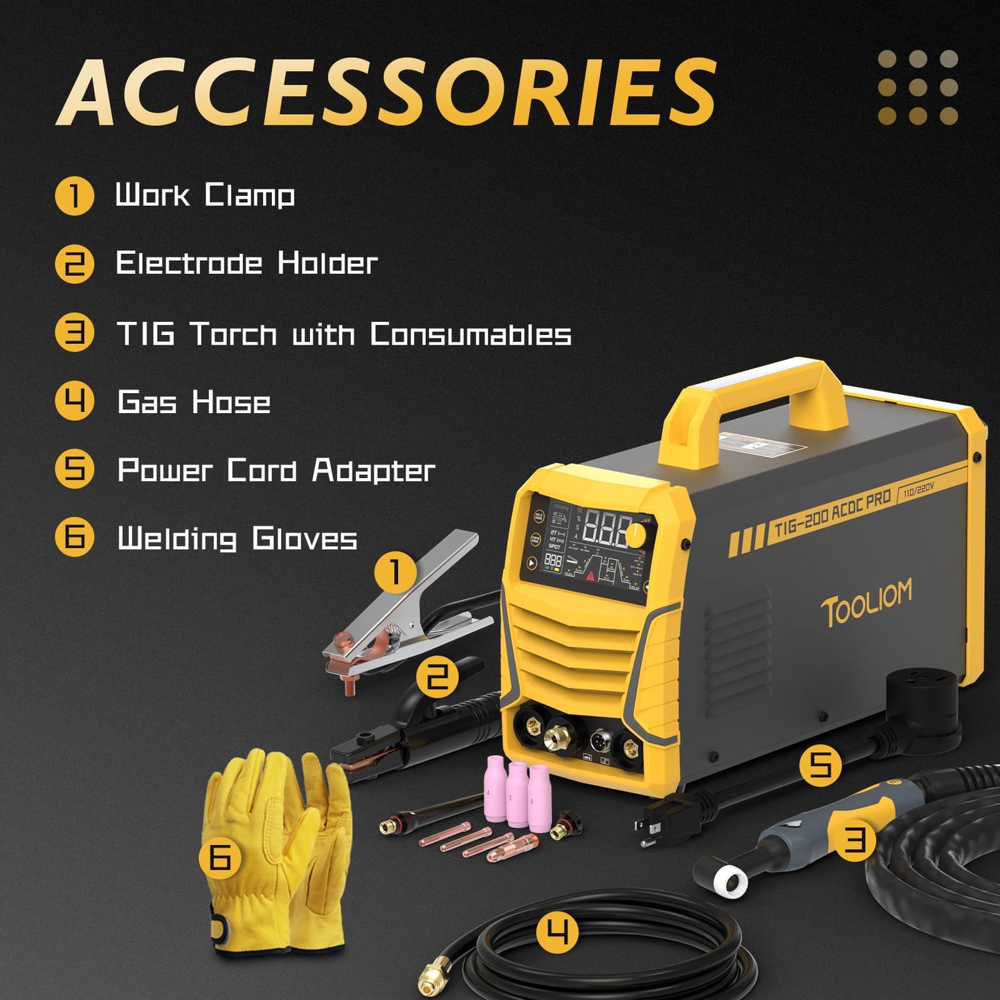 TOOLIOM 200A AC/DC TIG Welder with Pulse, Dual Voltage 110V/220V, Welder with IGBT Inverter, Large LED Display, AC TIG/DC TIG/Pulse TIG/SPOT TIG/Stick Multiprocess Welding Machine