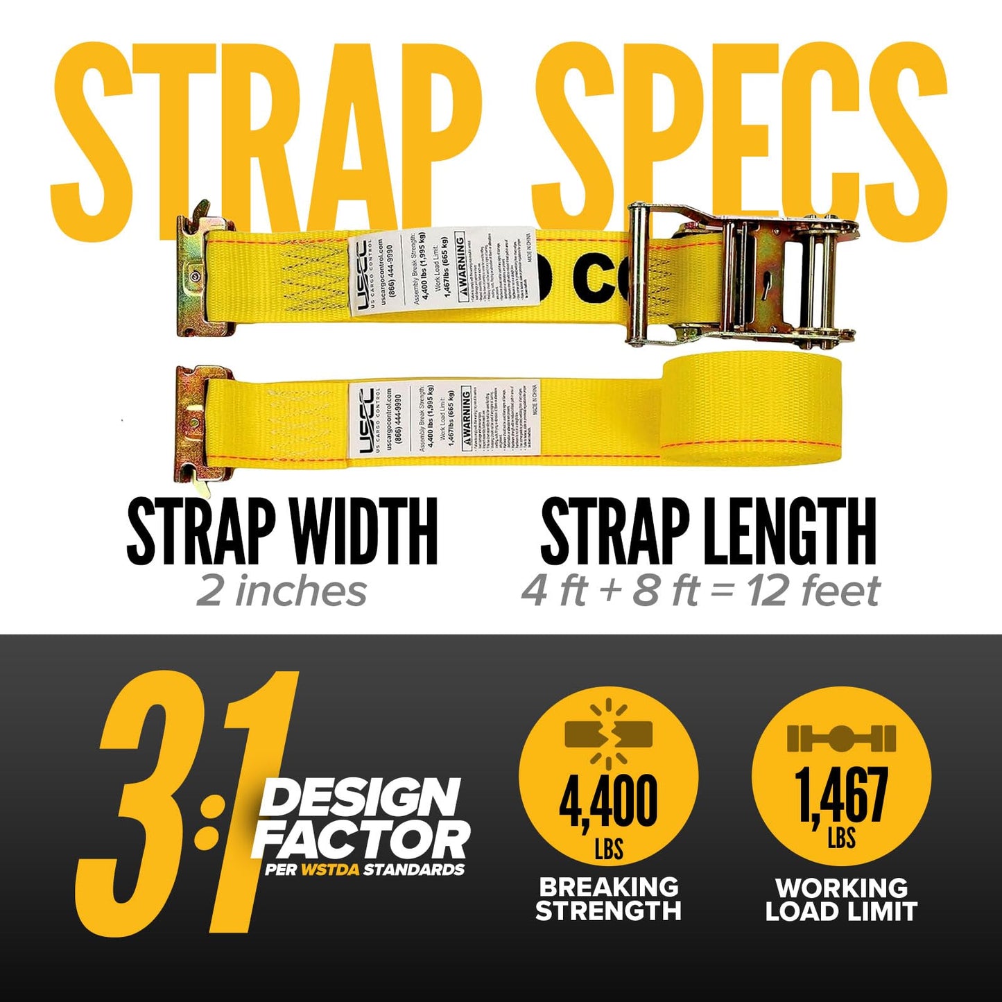 US Cargo Control E Track Straps 2" x 12' (8-Pack), 4,400 LBS Break Strength, Yellow Heavy Duty E Track Ratchet Straps with 4' Fixed End and Spring E-Fittings, Logistic Tiedowns for Box Trucks, Vans