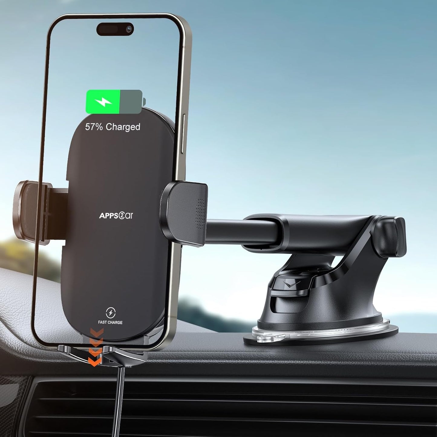 APPS2Car 15W Suction Phone Mount Wireless Car Charger, Dashboard Wireless Charger for Car, Compatible with iPhone