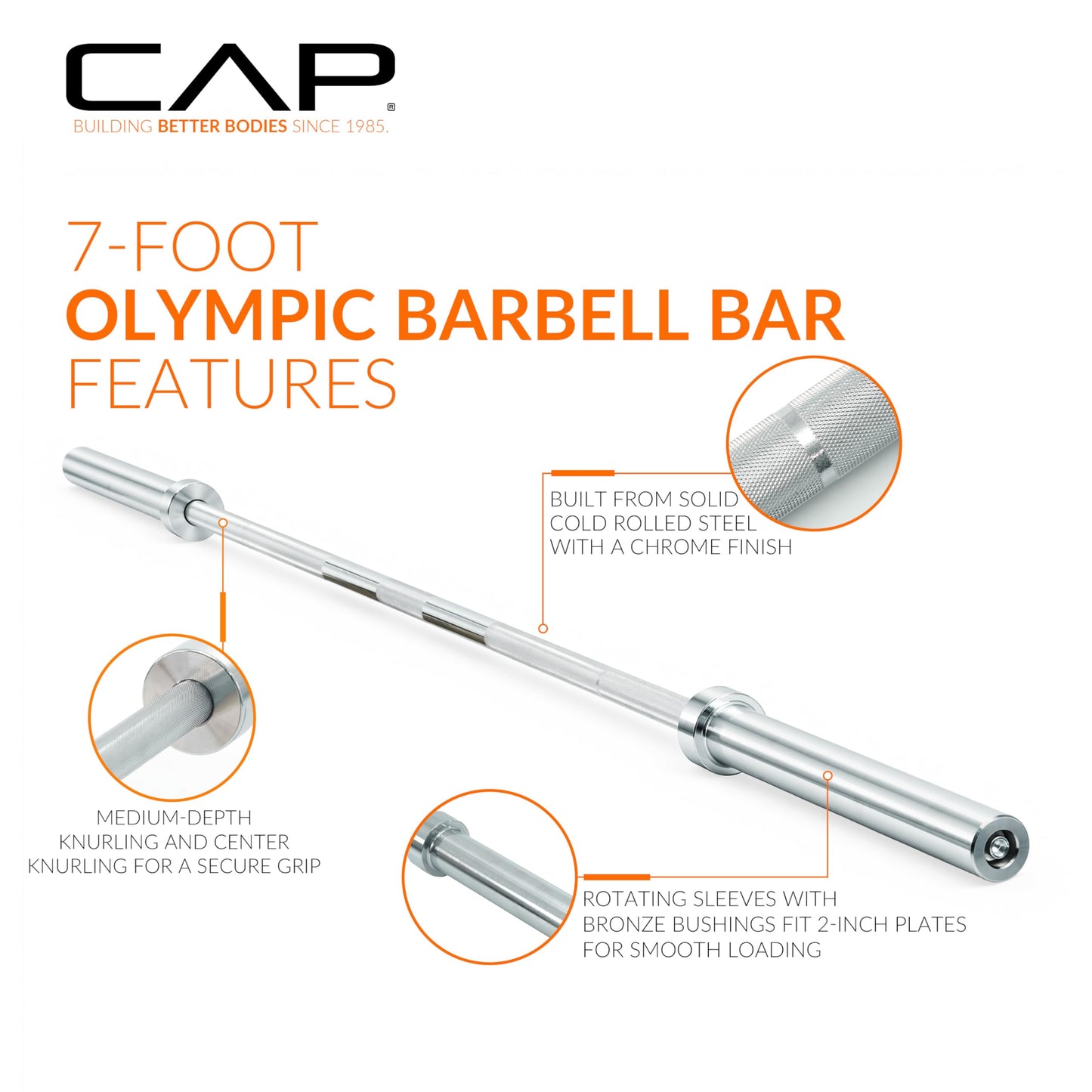 CAP Barbell 44 lb Olympic 7 ft Bar, 28mm Grip Diameter, Bronze Bushings, Chrome