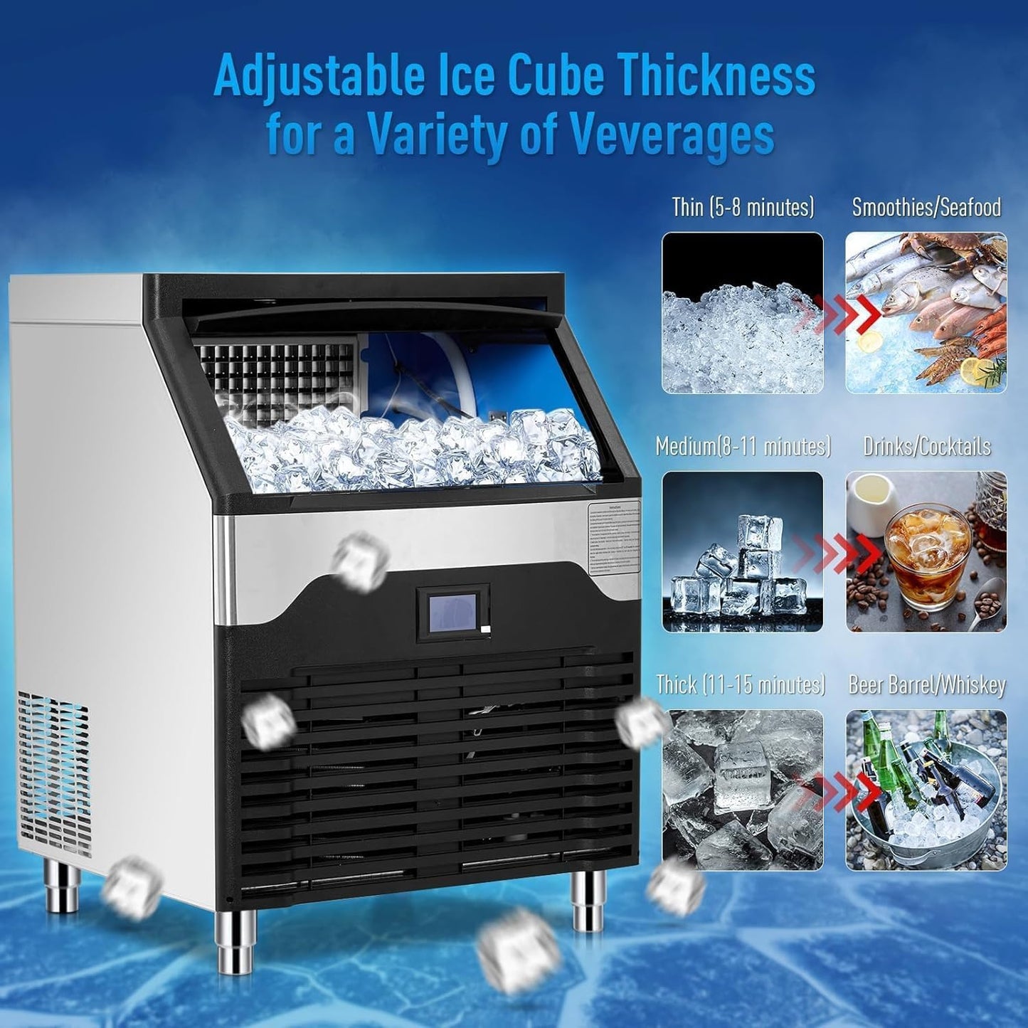 Commercial Ice Maker Machine, 260LBS/24h Stainless Steel Under Counter Ice Machine with 150LBS Ice Storage Capacity Freestanding Ice Machine