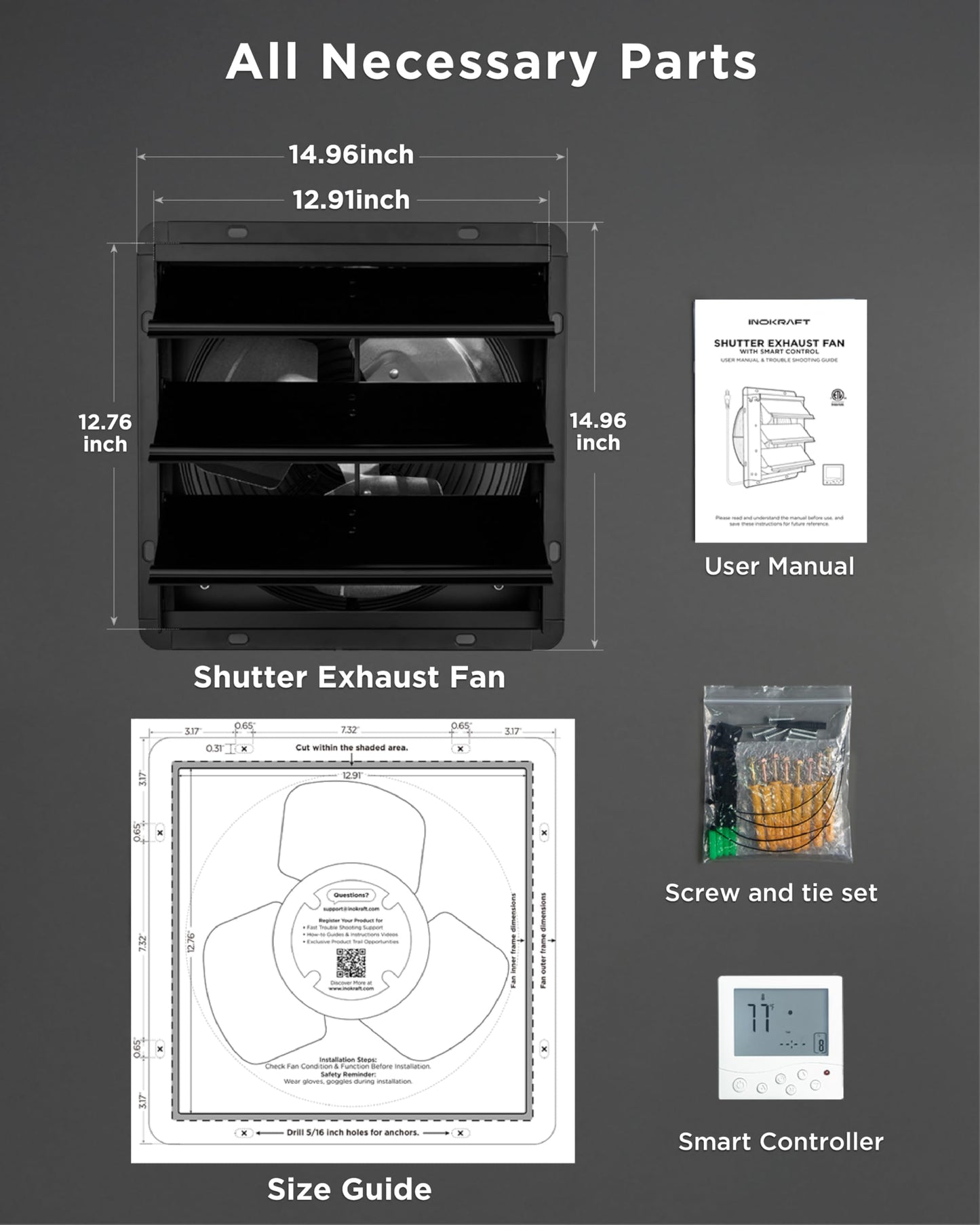InoKraft Shutter Exhaust Fan with Wireless Control Panel, 12'' Wall Mount Attic Fan with Temperature Controller, 1500 CFM, 8-Speed Adjustable, Ventilation for Attic, Garage, Greenhouse, Chicken Coop