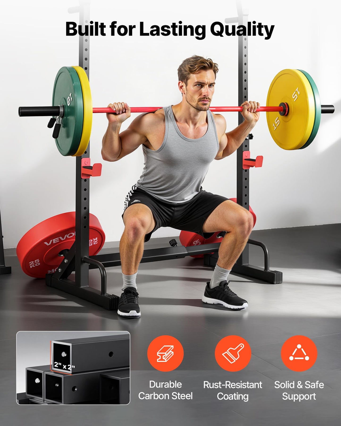 VEVOR Power Cage Squat Rack, Home Gym Power Rack with Adjustable Height & Width, 550LBS Strength Training Workout Equipment with Barbell Storage Racks & J-Hooks for Bench Press, Squat, Weight Lifting