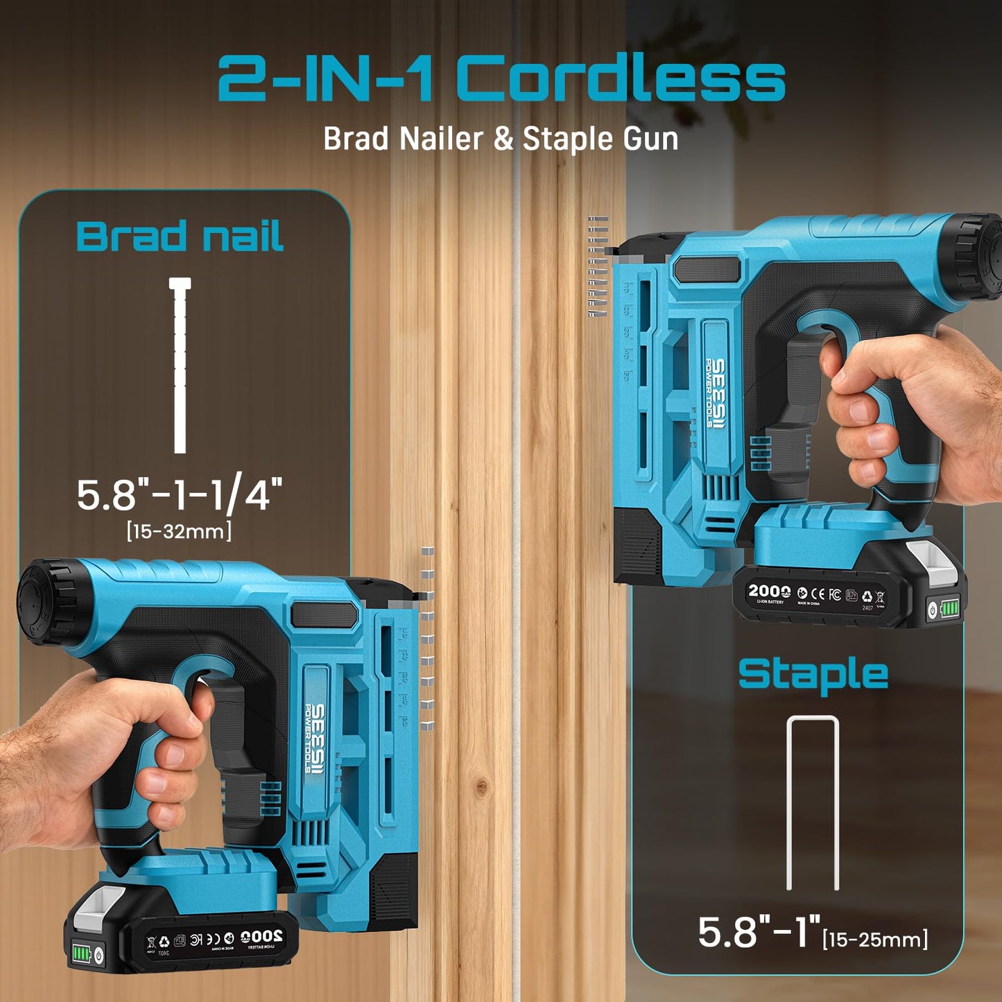 SEESII 18 Gauge Cordless Brad Nailer and Stapler Gun for Drywall, 20V 2-in-1 Electric Nail Gun with 2 Batteries, 1000pcs Nails & Staples, Adjustable Depth for Wood, Upholstery & DIY Projects
