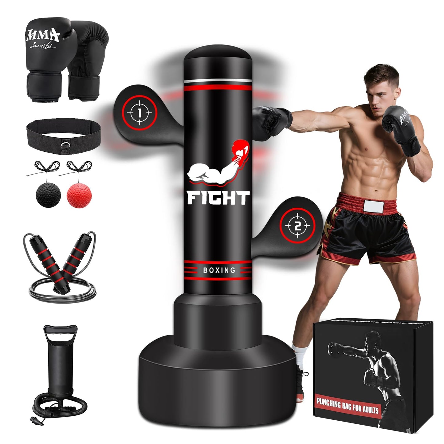 Upgraded Heavy Freestanding Punching Bag for Adults Teens, 70” Standing Punching Bag with Gloves, Pump and Jump Rope, Boxing Reflex Ball, Women Men Kickboxing Bags for Training MMA Fitness Home Gym