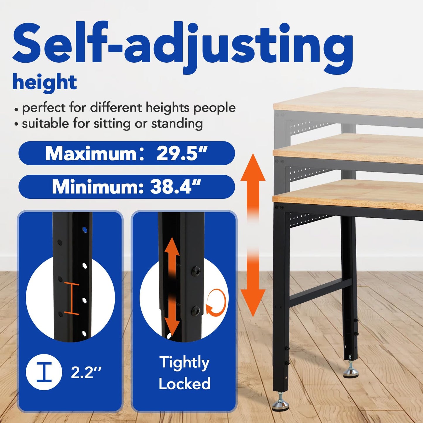 48"x20"Adjustable Workbench, 2000 Lbs Capacity, Heavy-Duty Garage Worktable with Built-in Power Outlet for Home, Office & Workshop, Adjustable Height 29.5"-38.4"