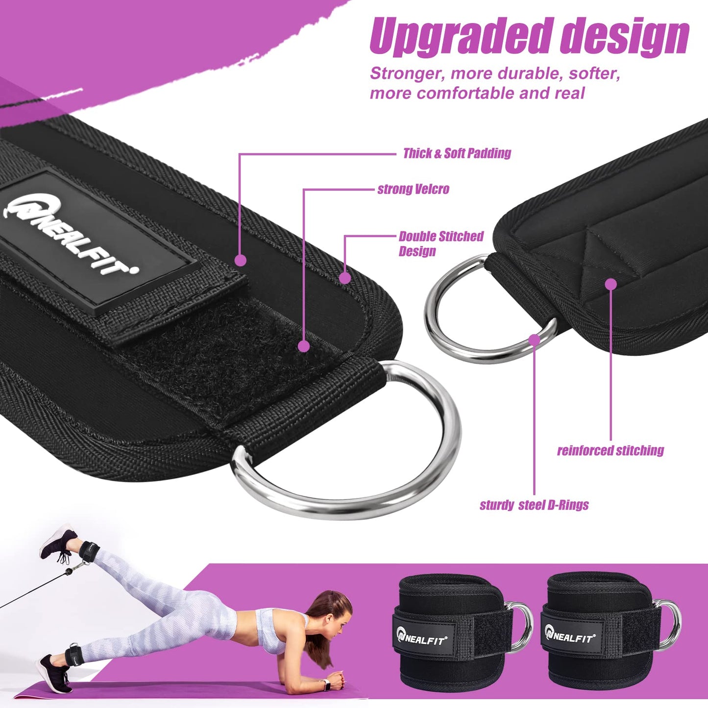 NEALFIT Ankle Strap for Cable Machine, Gym Ankle Cuff for Kickbacks, Leg Extensions, Glute Workouts, Booty Hip Abductors Exercise for Women and Men (Black, Single)