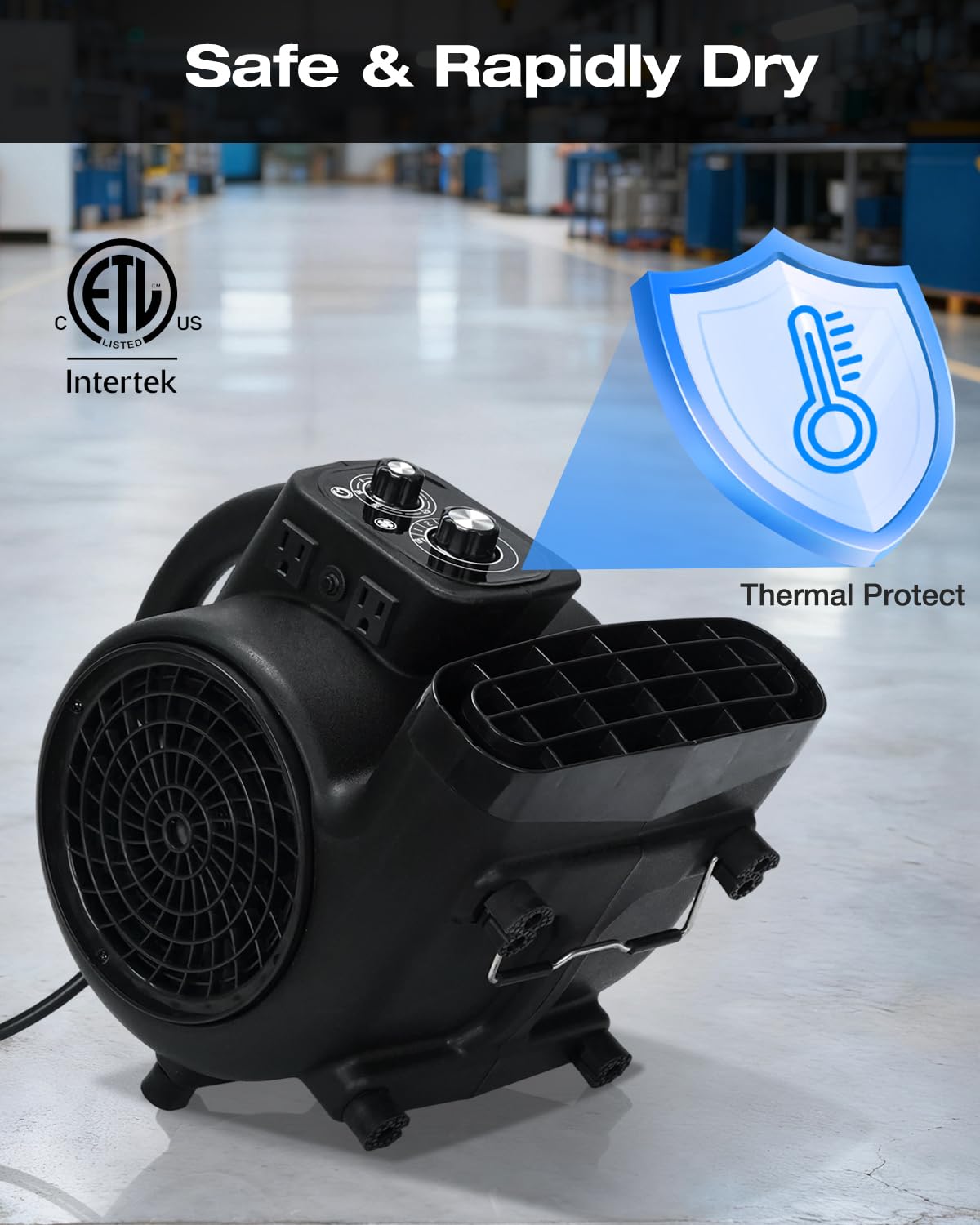 VORBO Air Mover Blower Fan, 1/3 HP 2000CFM Carpet Dryer, 3 Speeds Floor Blower Fan with Timer and 4 Adjustable Angles, Stackable, for Janitorial, Home and Commercial Use, Black