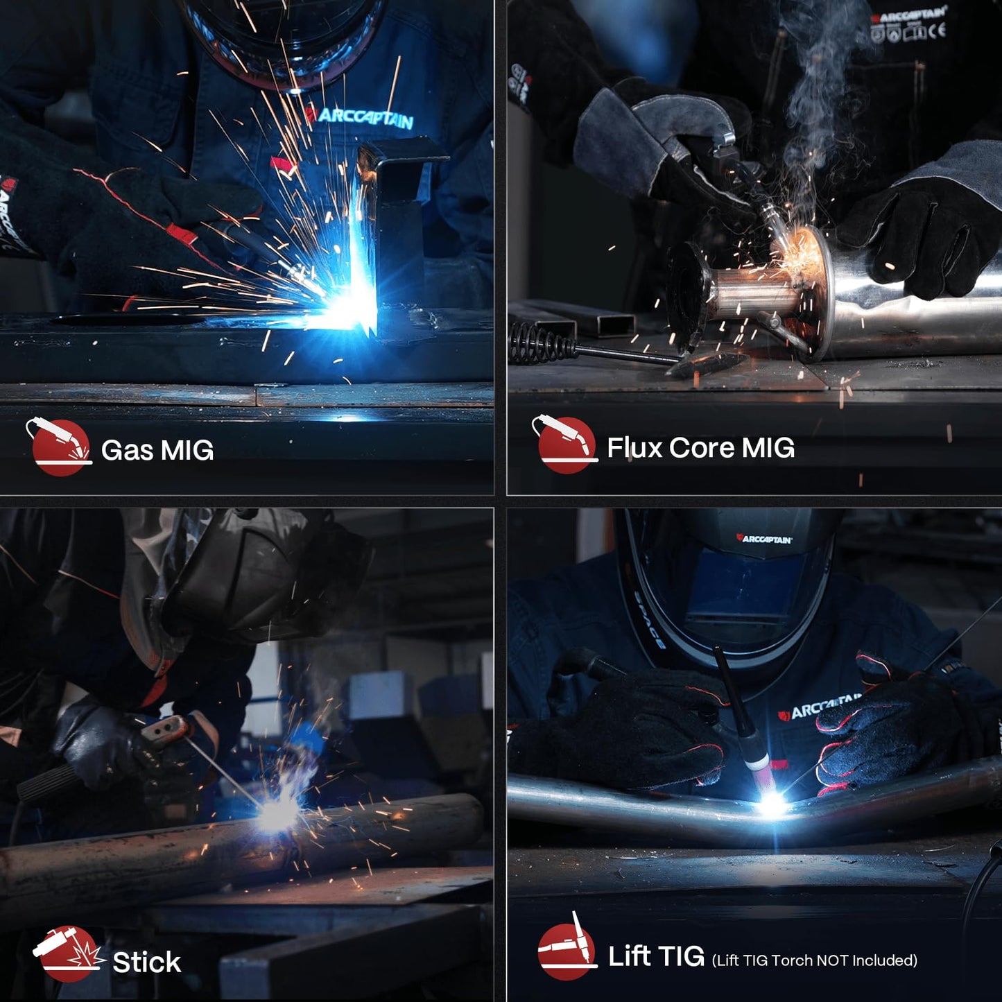 ARCCAPTAIN 165A MIG Welder 110V/220V [Large LED Display] 4 in 1 Gasless/Gas MIG/Lift TIG/Stick Welding Machine Multiprocess Welder Machine, IGBT Inverter Welder with Synergy, 2T/4T