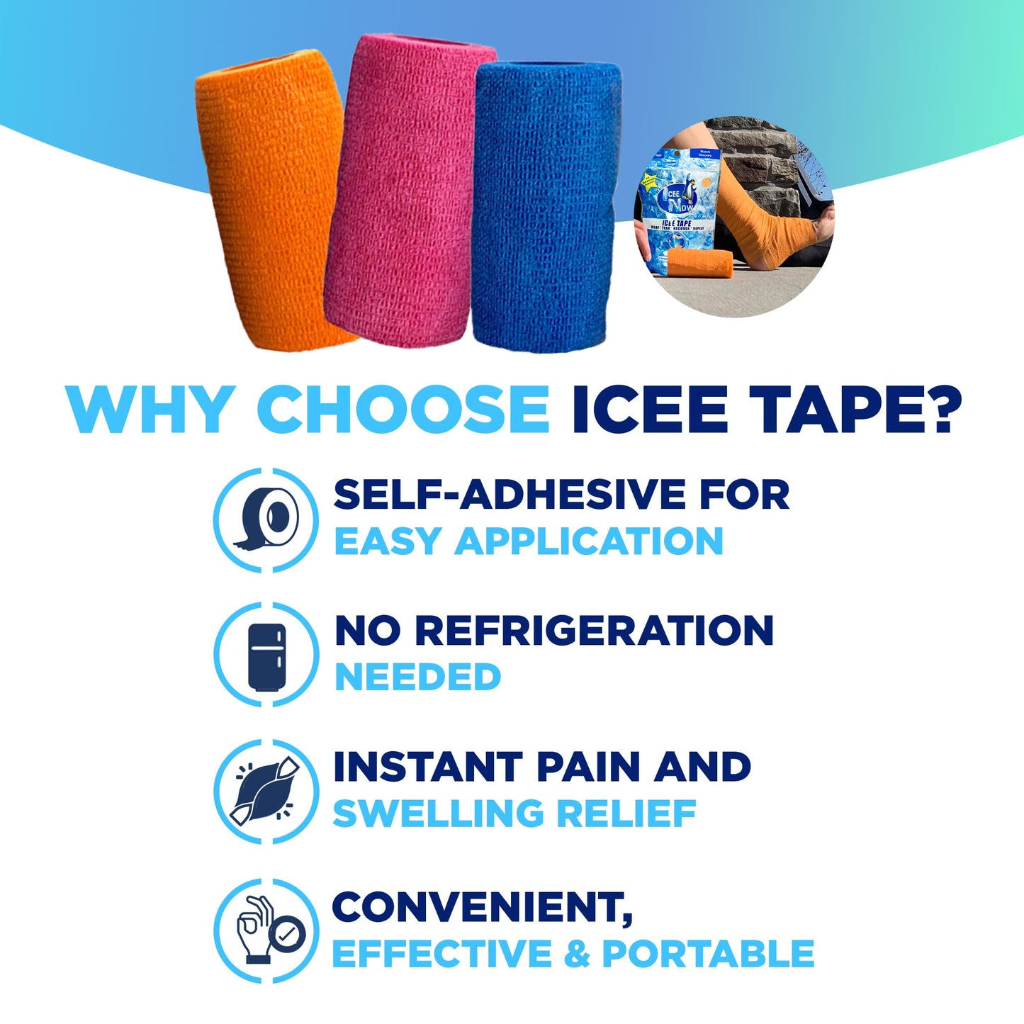 ICEE Tape – Self-Adhering Compression Wrap, Instant Cooling Sensation, No Refrigeration Needed (Blue)