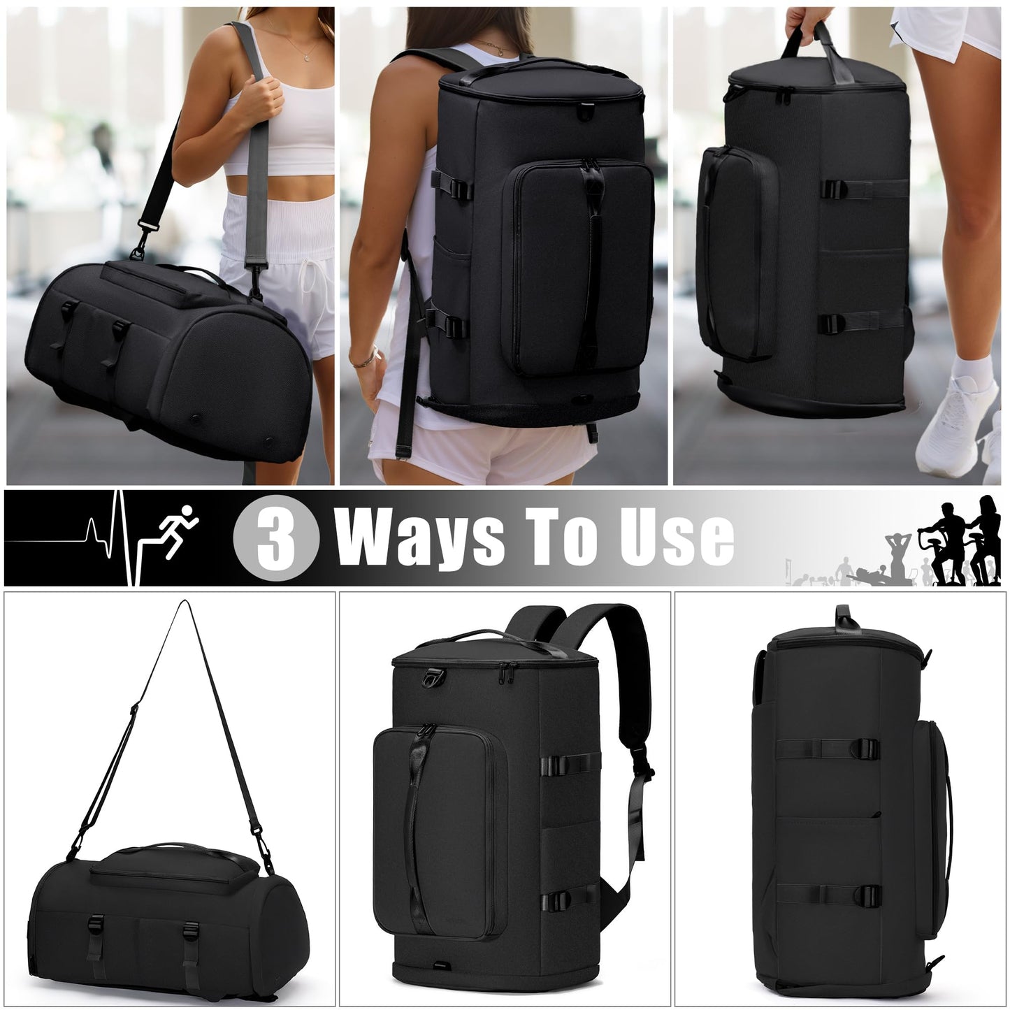 MIYCOO Gym Bag for Men Women with Shoes Compartment - Duffle Bag, Travel Backpack, Sports Backpack, Weekender Overnight Bag with Wet Pocket - Black