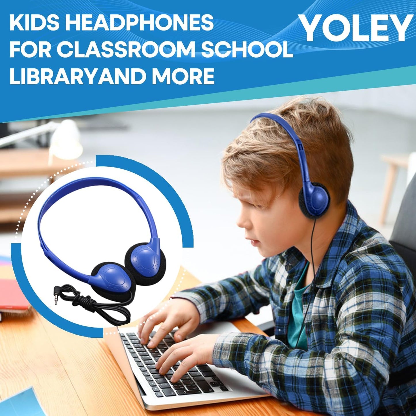 12 Pack Set 3.5mm 12 Pack) Classroom Headphones Bulk Class for School Students Kids and Adult -Sturdy Wired Plug (Blue
