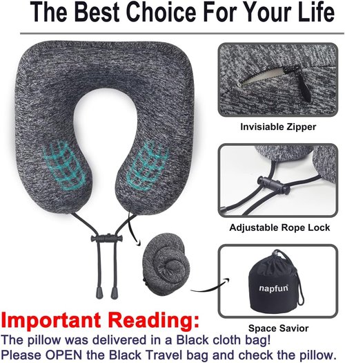 Napfun Travel Neck Pillow - Upgraded 100% Pure Memory Foam for Airplane Comfort | Portable Grey Headrest