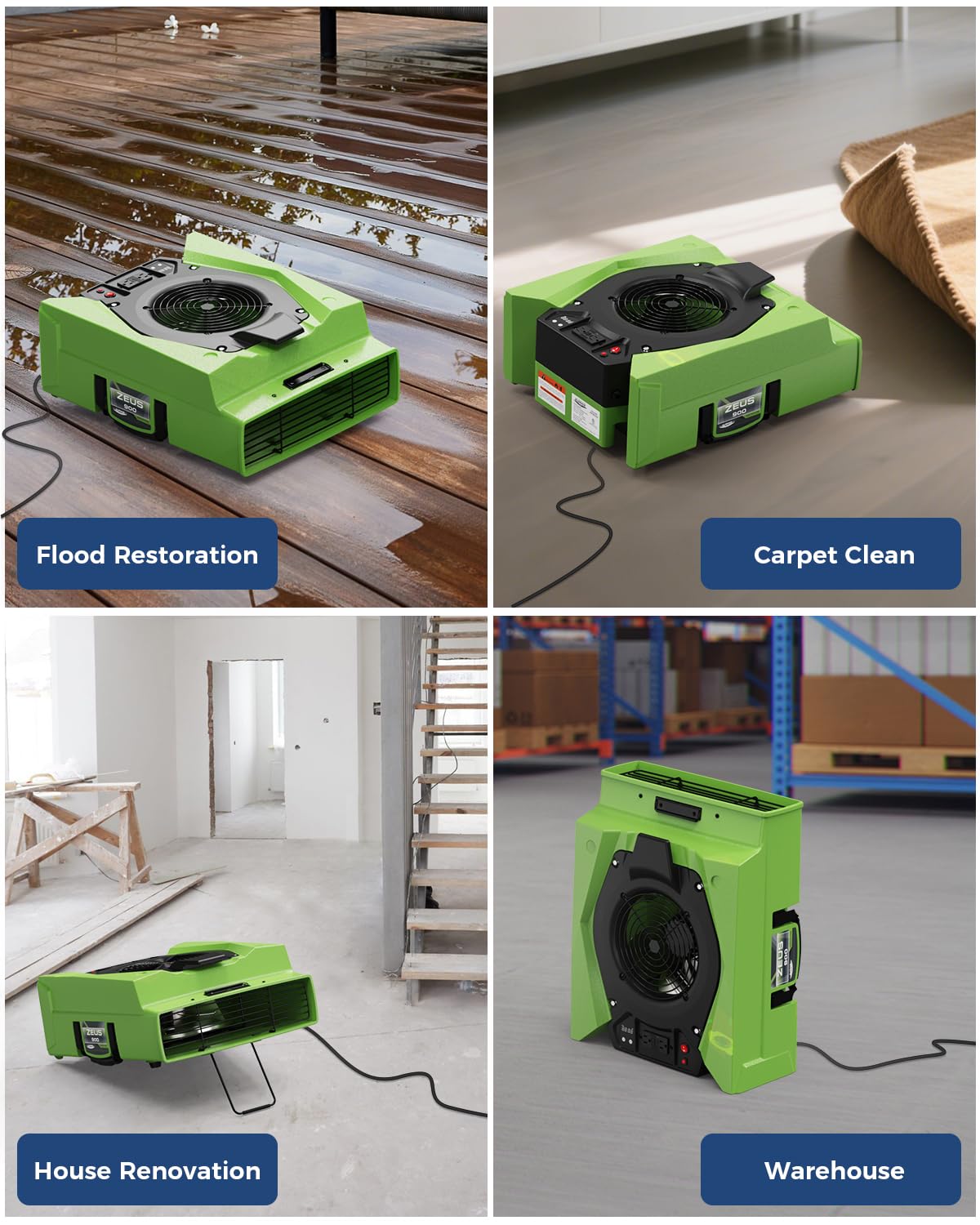 ALORAIR Air Mover,1/4 HP 950 CFM Floor Blower Fan with Dual GFCI Outlets, 4 Speeds, 5 Blower Angles & Daisy Chain - Ideal for Carpet Floor Dryer and Water Damage Restoration (Zeus 900 Green)