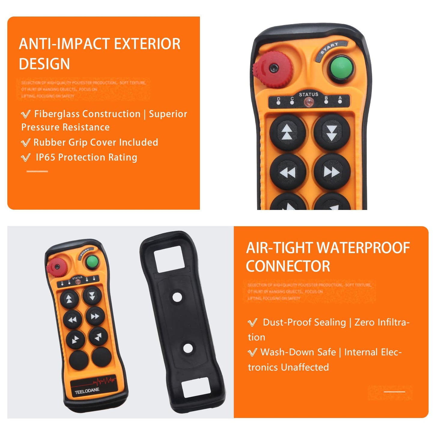TEELODANE Q606 24V/110V/220V Industrial Wireless Remote Control 6 Button Dual Speed, IP65 Waterproof, Reinforced Nylon Housing, Heavy Duty Radio Controller for Crane Hoist Lift Winch (AC/DC 24-264V)