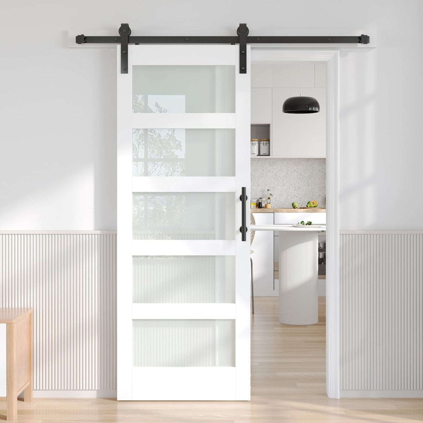 Fredbeck 32x80 White Glass Barn Door with 5.5FT 66inch Sliding Doors Hardware Kit Included & Handle,PVC Surface,Water-Proof,Easy to Assembly