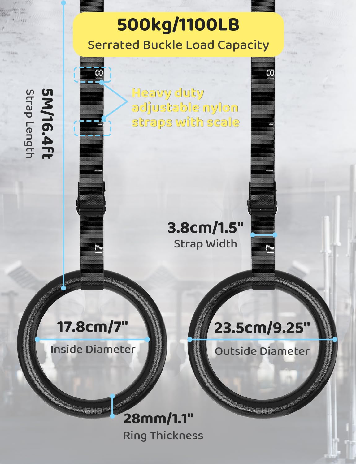 GHB Gymnastic Rings Gym Rings 1.1" Olympic Rings Adjustable Straps Pull Up Rings Sets for Workout Bodyweight Fitness Training