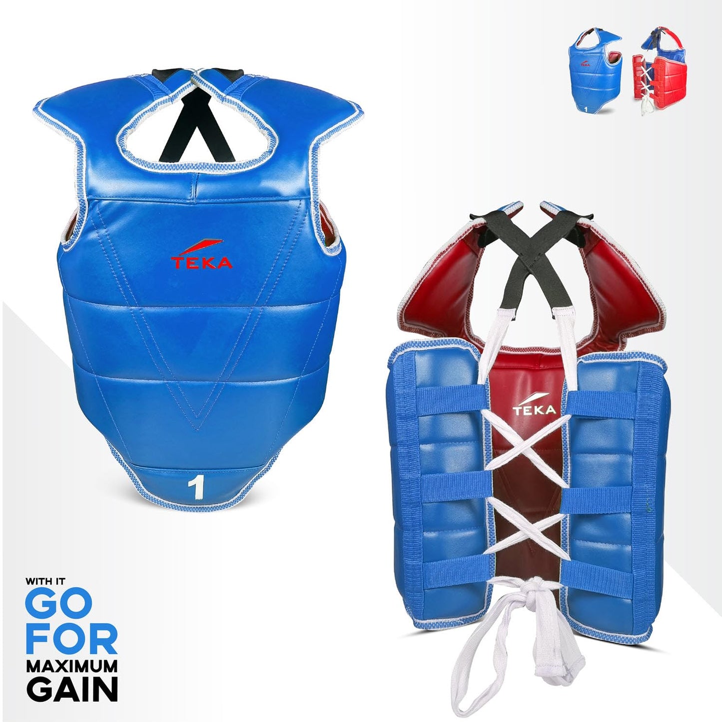 Victorbudo USA Boxing Body Protector Reversible, Kickboxing MMA Muay Thai Chest Guard, Sparring Training Heavy Punching, Adjustable Shield, Martial Arts Upper Belly Protection Pad (X-Large - Red/blue)