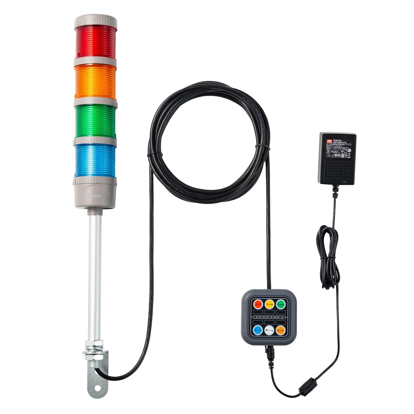 ANDONT 4-Stack LED Andon Tower Signal Light with Buzzer, Red/Yellow/Green/Blue, On/Off/Flash, Control Box, Mean Well Industrial Power Adapter 6 ft & 16 ft Extension Cord, Plug-and-Play