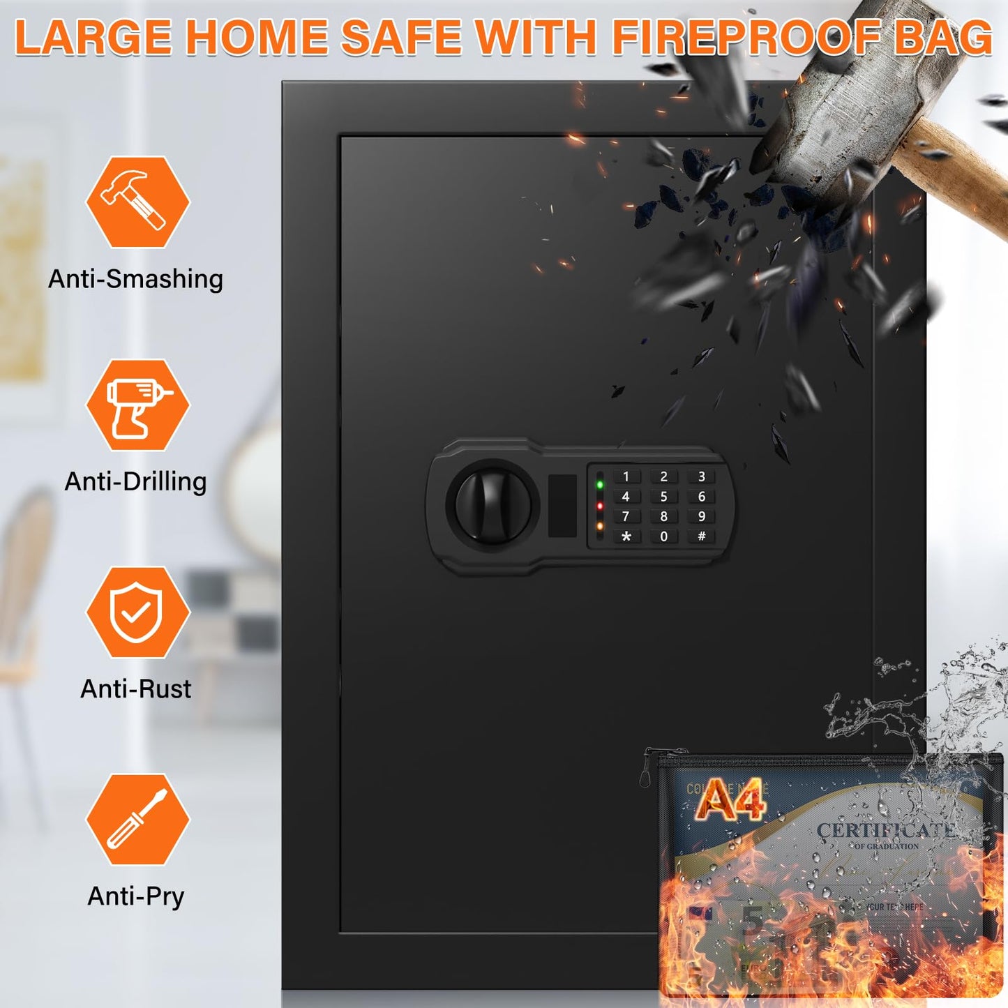 21.65"H Large Safe Box for Home, 3.8 cu ft Anti-Theft Safe with A4 Fireproof Bag, Steel Security Safe with Keypad Lock, Backup Keys, External Power Supply Box, Document Safe for Cash Medicine Document