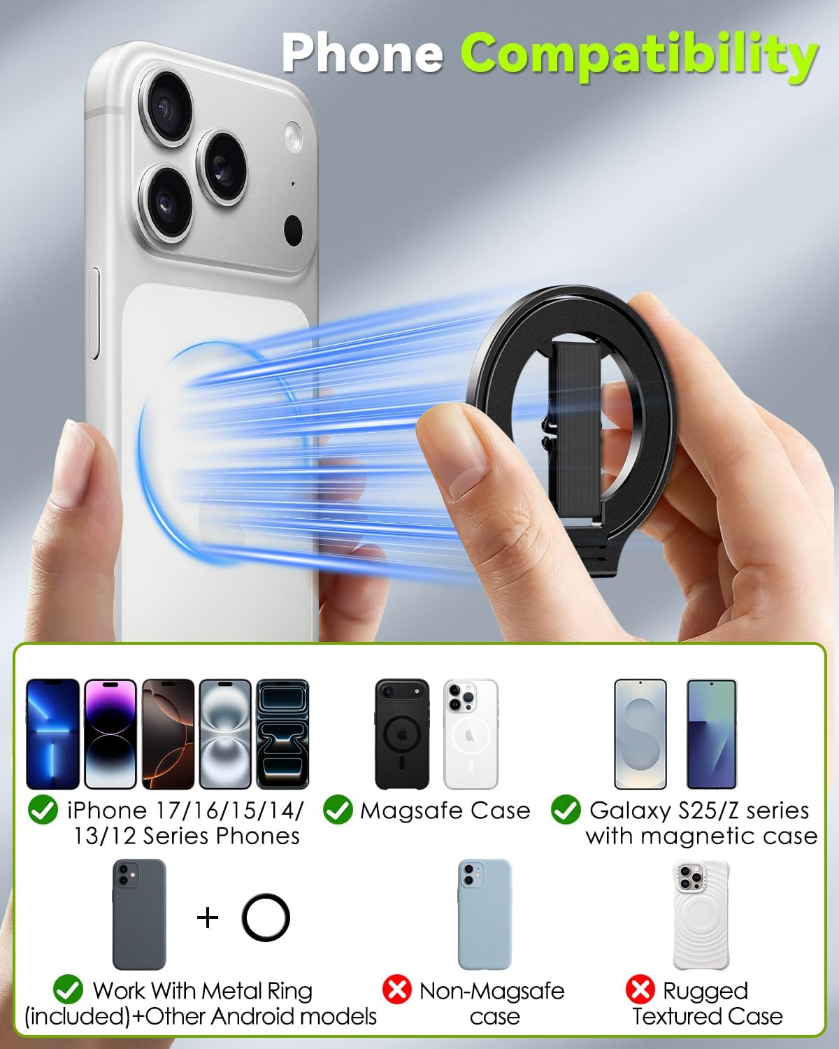 CloudValley 17 Max/16/15/14/13/12 Magnetic Phone Grip, Slim Rotating Finger Loop Ring Holder with Soft Strap