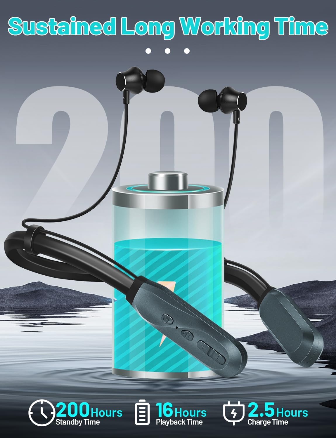 200H Headset Neckband Bluetooth Headphones, Long Playtime Wireless Stereo Neckband Earbuds with Microphone, Waterproof