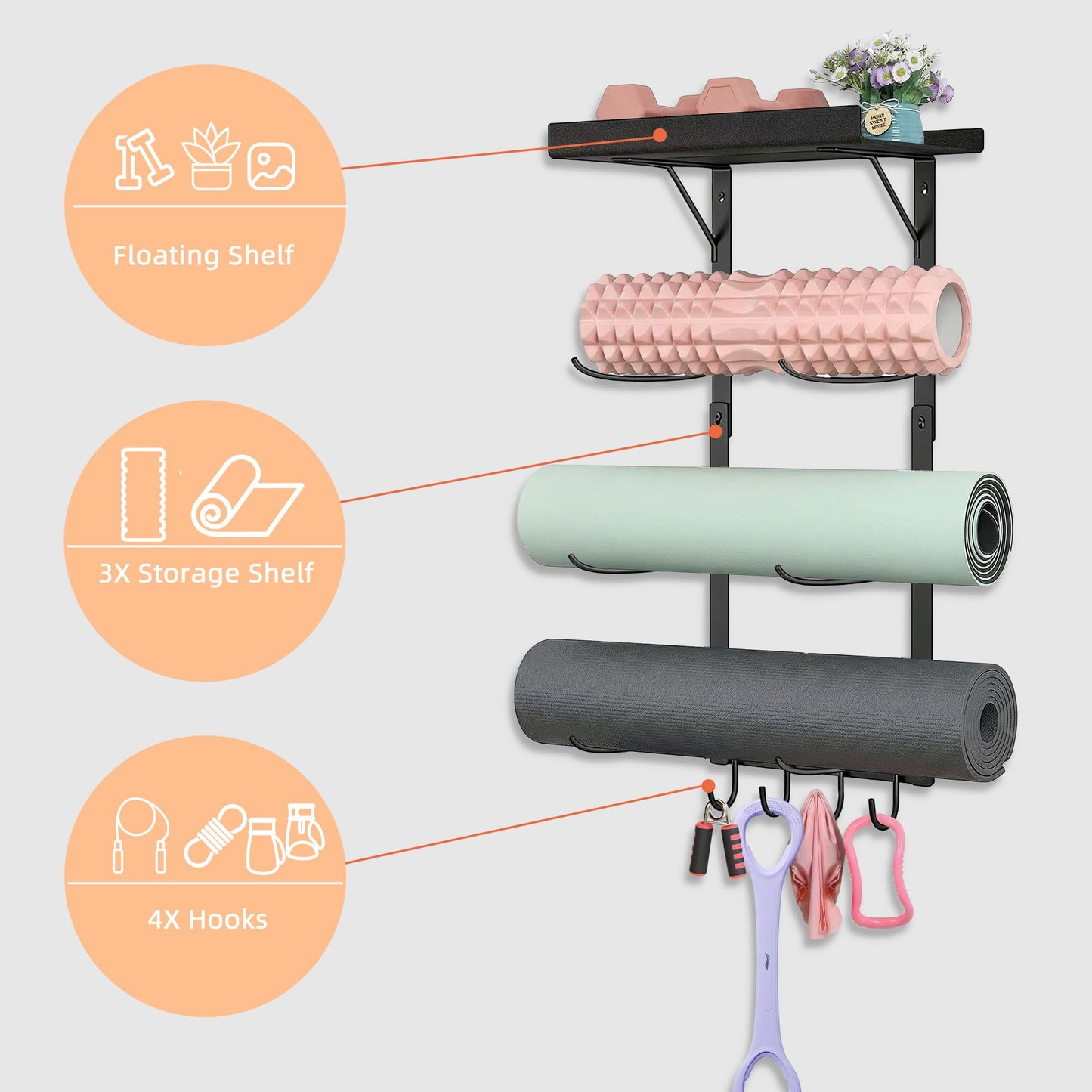 Lanasz Yoga Mat Holder Wall Mount - 4 Tier Home Gym Storage Rack with Shelf & 5 Hooks, Gym Equipment Organizer & Wall Storage for Workout Room Decor