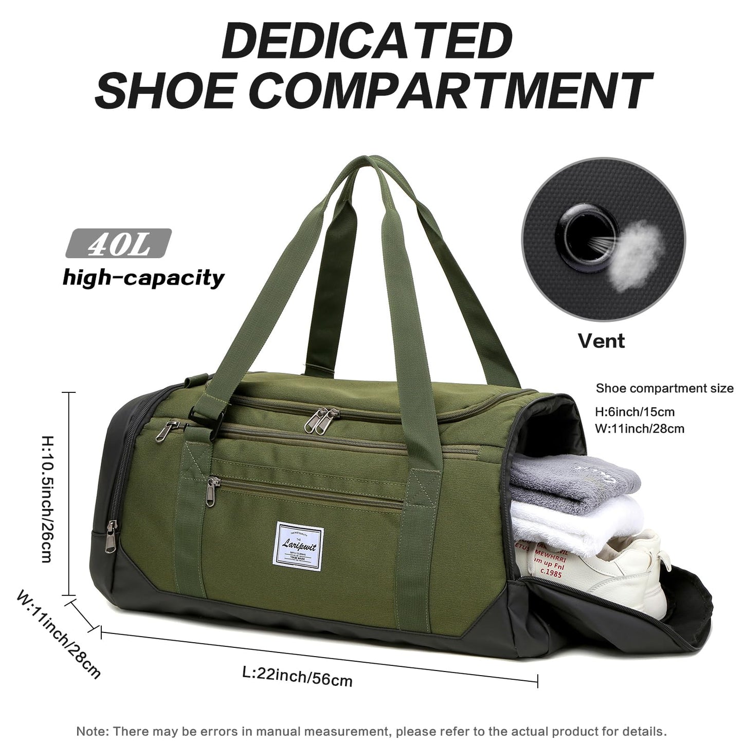 Laripwit Travel Duffle Bag for men 40L Medium Sports Gym Bag with Wet Pocket & Shoes Compartment Weekender Overnight Backpack for Traveling Duffel Bag Backpack for Women, Green