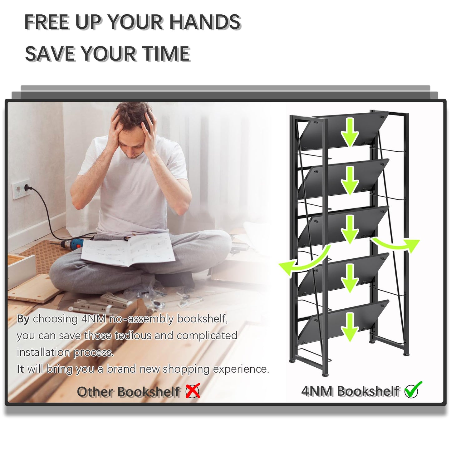 4NM No Assembly Folding Bookshelf, 5-Shelf 62.2" H Collapsible Foldable Bookcase Storage for Small Spaces, All Black