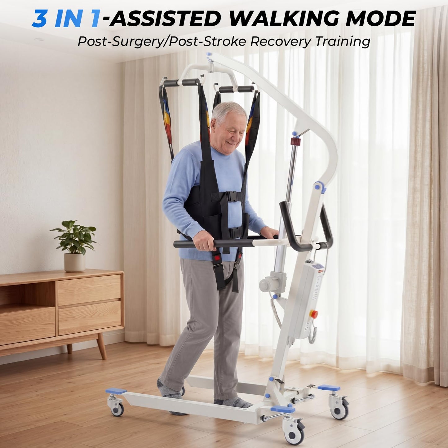 Carearise 3IN1 Electric Patient Lift - Body Transfer & Assisted Walking Mode, Battery Powered Stand Up Lift with 2 Slings, Multi Functional Mobility Aid for Elderly Disabled Home Rehabilitation