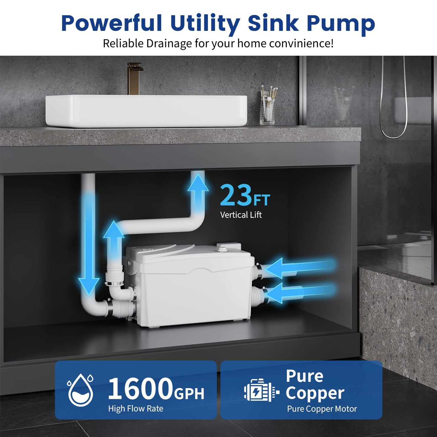 Utility Sink Pump, 1600 GPH Drain System 500 W Under-Basin Gray Water Unit for Laundry & Kitchen, 23 FT Lift Sink Pump with Check Valve & Odor Filter