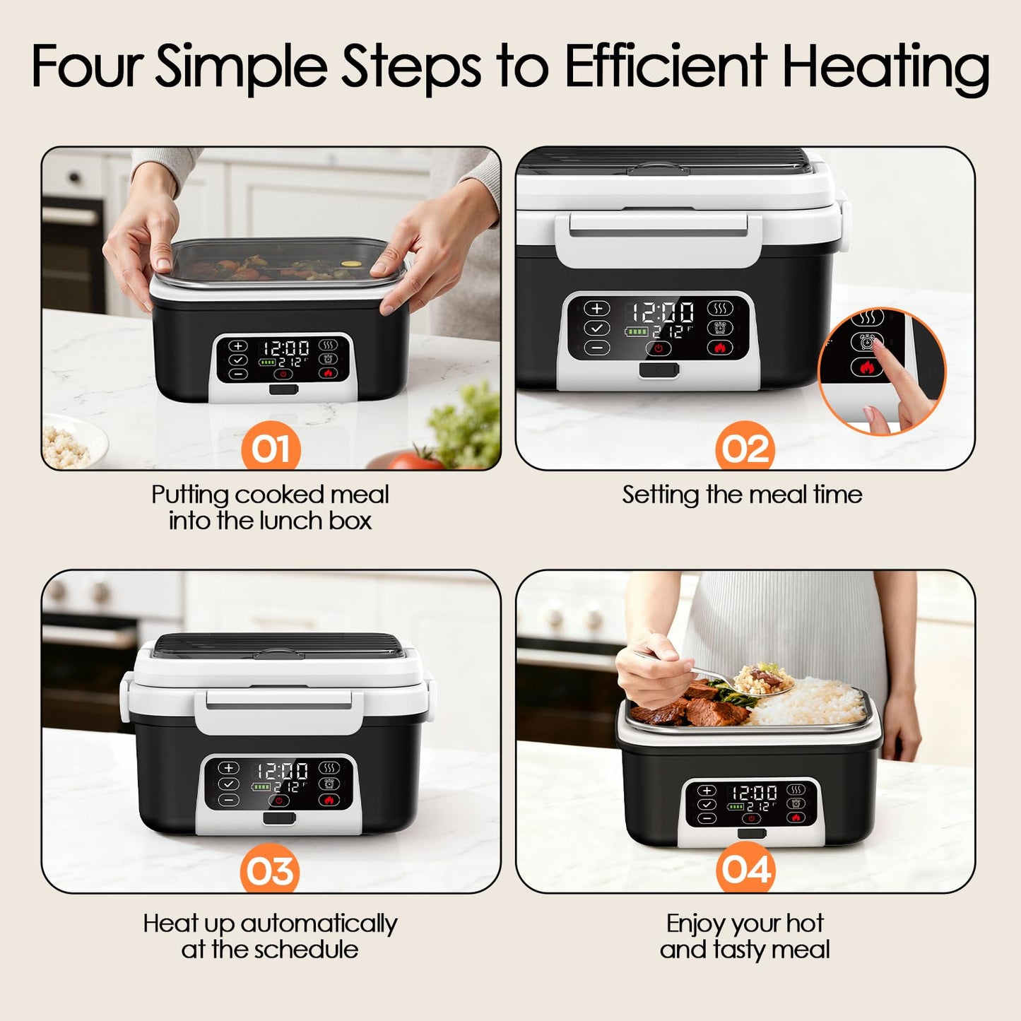 Odopok Cordless Electric Lunch Box, 6.3 Cup 100W Heated Lunch Box with 20000mAH Battery Powered for Self Heating, Including Fork Spoon and Insulated Bag for Men Women Adults, BPA Free(Black+White)