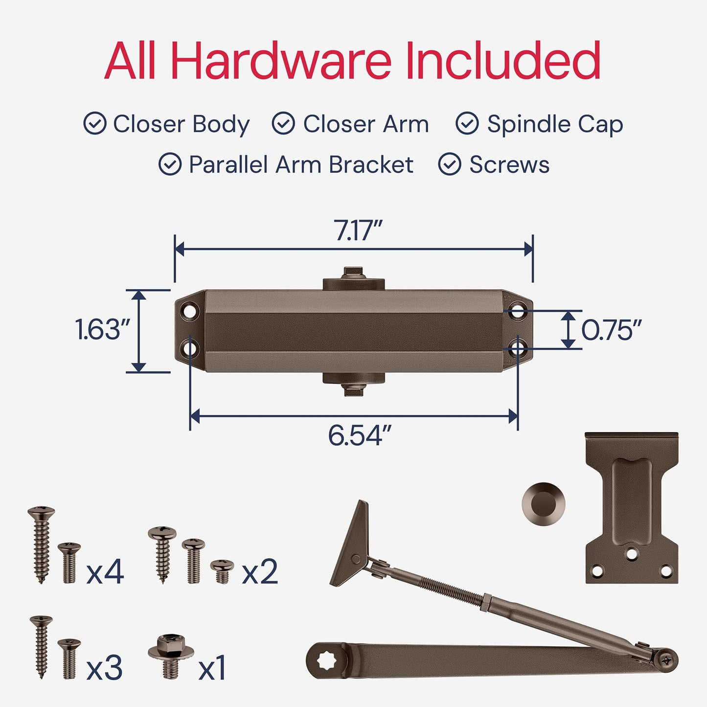 Door Closer for Interior and Light Commercial Door Use Power Size #3 Cast Aluminum Standard Duty Door Closer Automatic Closing and Latching - Embassy Series LH303