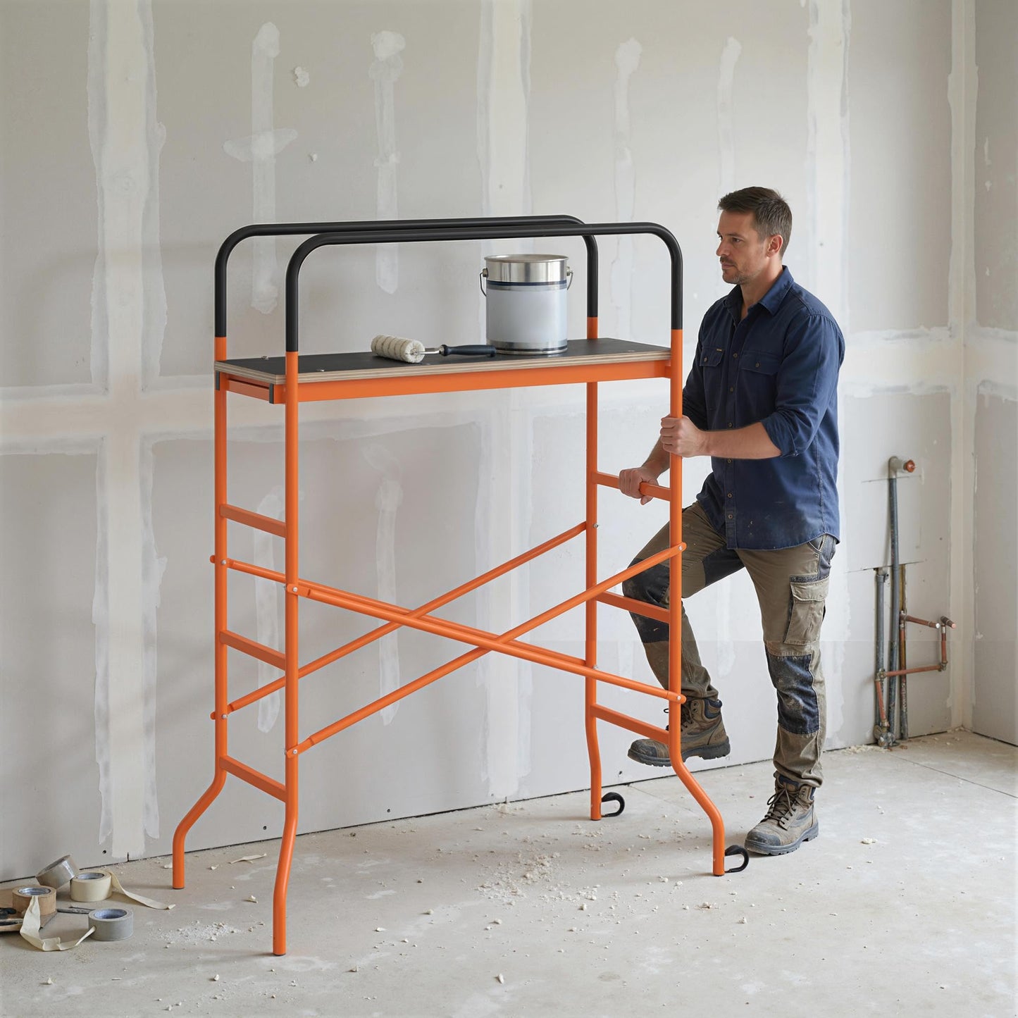 HOMCOM 4-Step Steel 4.6 x 2 x 6 ft. Scaffold 2 Wheels Free Moving for Indoor & Outdoor Decoration Anti-Skid, 440 Pound Capacity, Orange