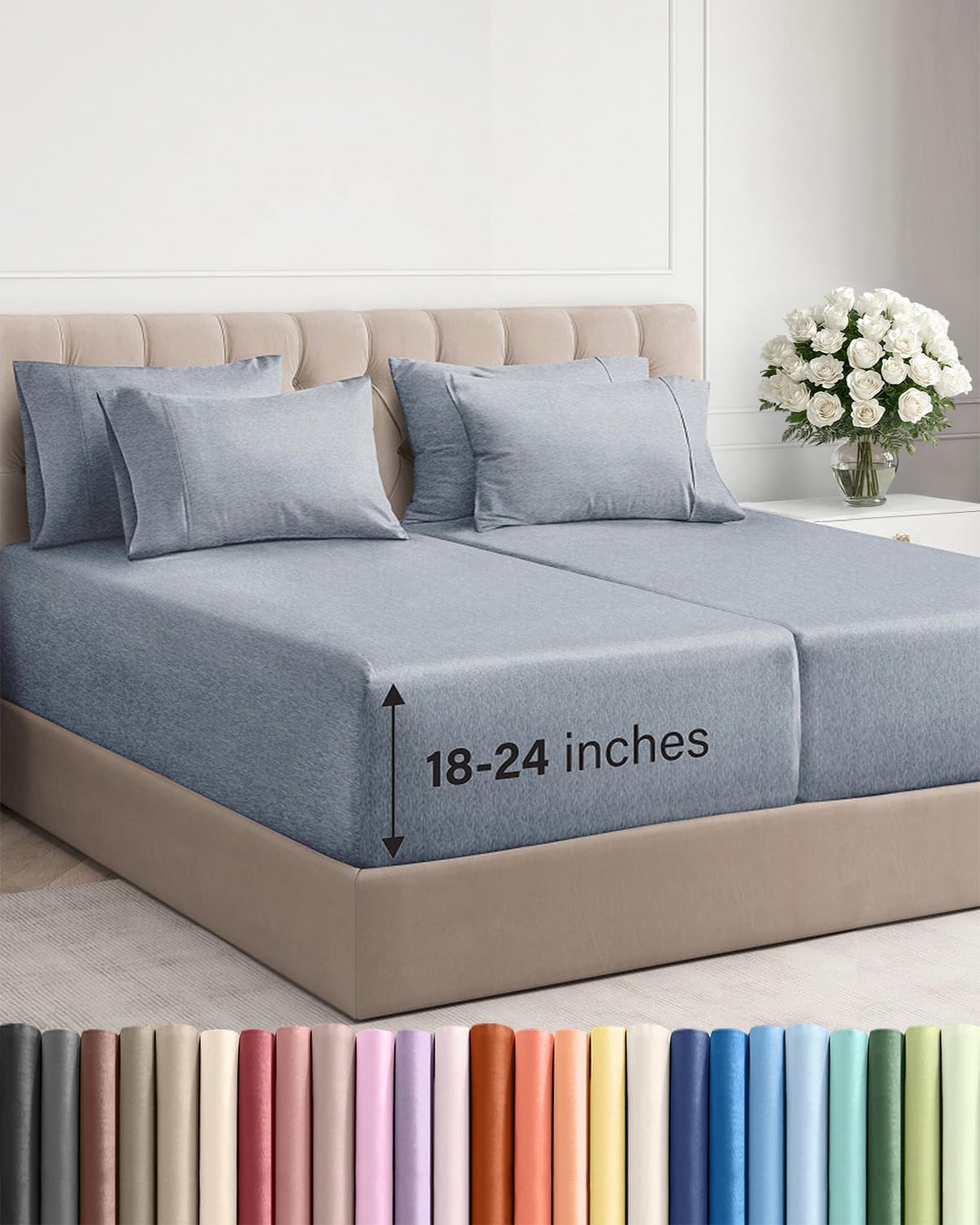 Skiennix Extra Deep Split King Sheet Set - 7 Piece Breathable Cooling Bedding - Soft Wrinkle-Free Heathered Blue