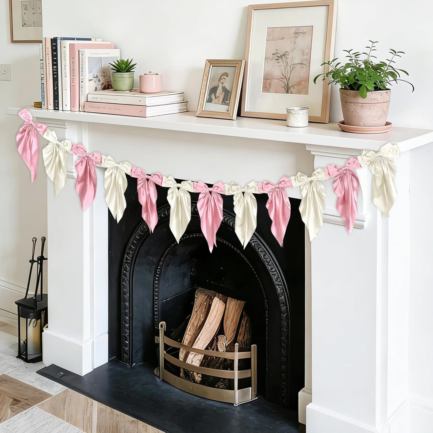 White Pink Bow Garland Banner - Satin Ribbon Decor for Fireplace | Perfect for Bachelorette, Bridal Shower, Birthday, and Wedding Parties