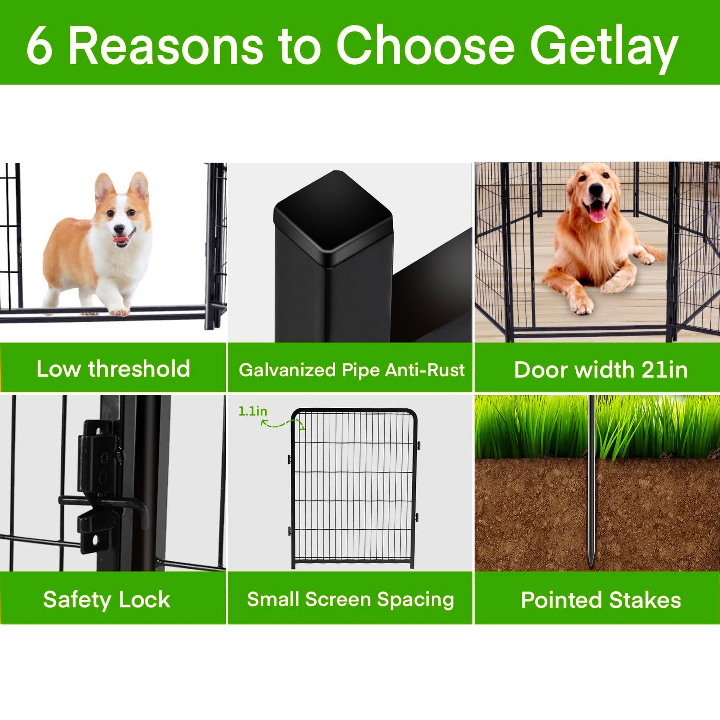 Getlay Tall Garden Fences and Borders for Dogs, 4.6ft High Dog Fence, 6 Panels Total 13.3 Ft Long, Gate 21 inches Wide with Low Sills. Modular Fencing, Dog Fence Outdoor for Yard